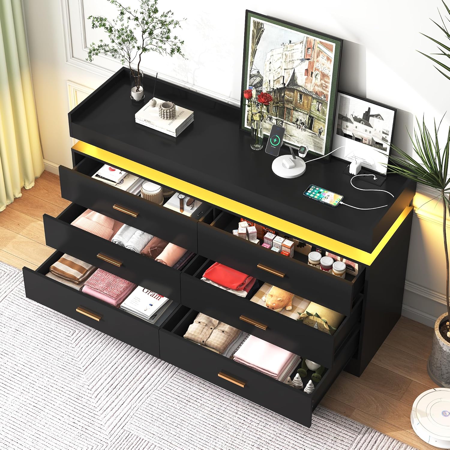 ANPOO 6 Drawer Dresser with Charging Station and LED Lights, Modern Wood Dresser with Wide Drawers and Metal Handles for Bedroom, Living Room