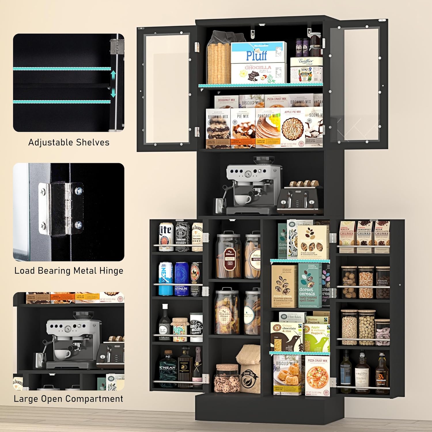 ChVans 71" Tall Pantry Cabinet, Storage Cabinet with Glass Doors and Microwave Stand, Freestanding Kitchen Hutch Food Pantry Cabinet with Adjustable Shelves for Kitchen Dining, Living Room