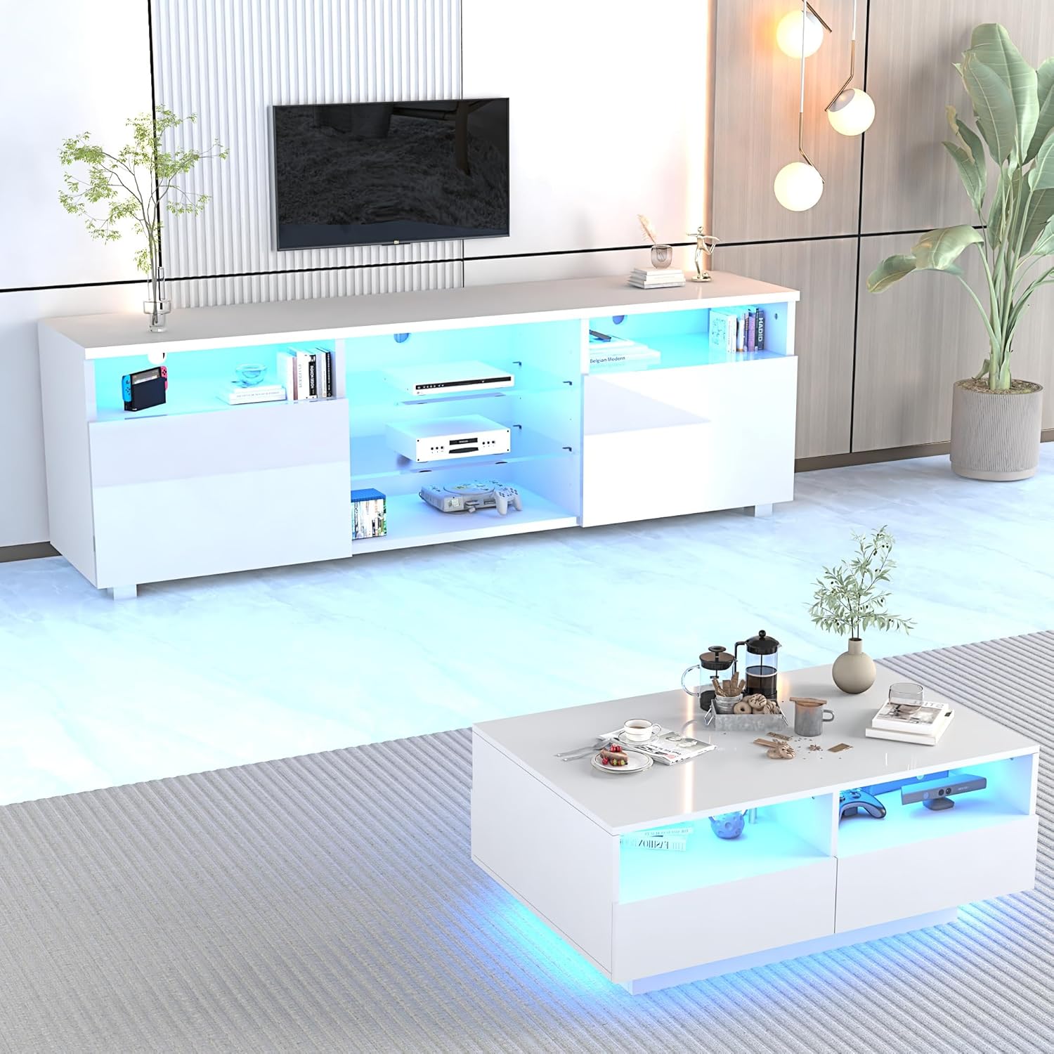 ANPOO LED TV Stand for 70/75/80 inch TV, High Glossy Entertainment Center with Drawer and Led Lights, Media Console for Living Game Room Bedroom