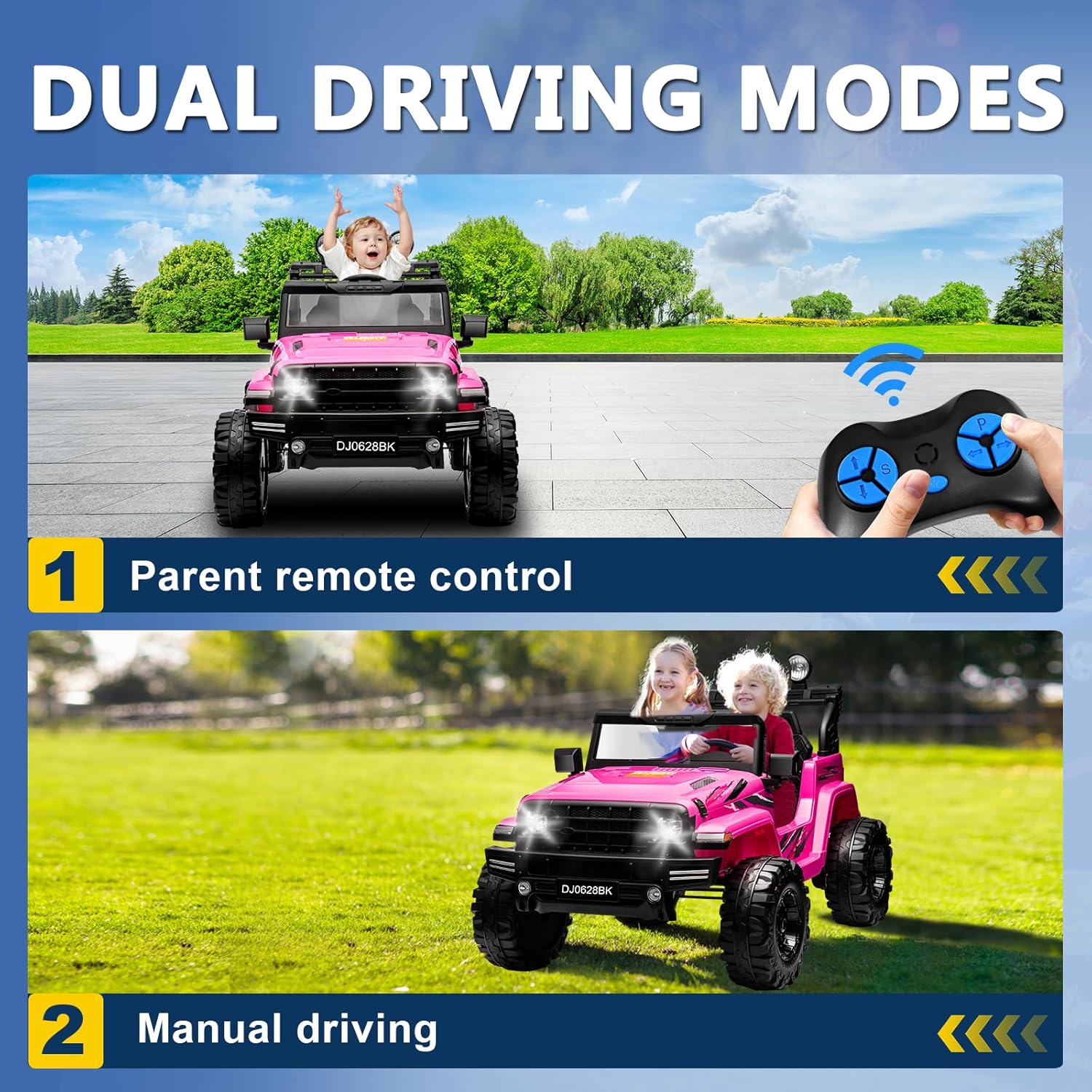 24 Volt Kids Electric Car Kids Ride On Car with Remote Control, 2-Seater Battery Powered Toy Car with LED Lights, Wheels Suspension, Music, Horn, 110 lbs Load