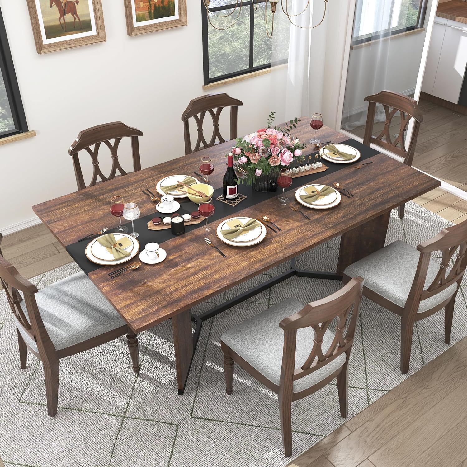 63 inch Large Rectangular Dining Table for 4-6 People, Dining Table with Marble-Color Wood Waterproof Tabletop and Adjustable Leg, Luxurious Family Dinner Table for Office Kitchen Living Room