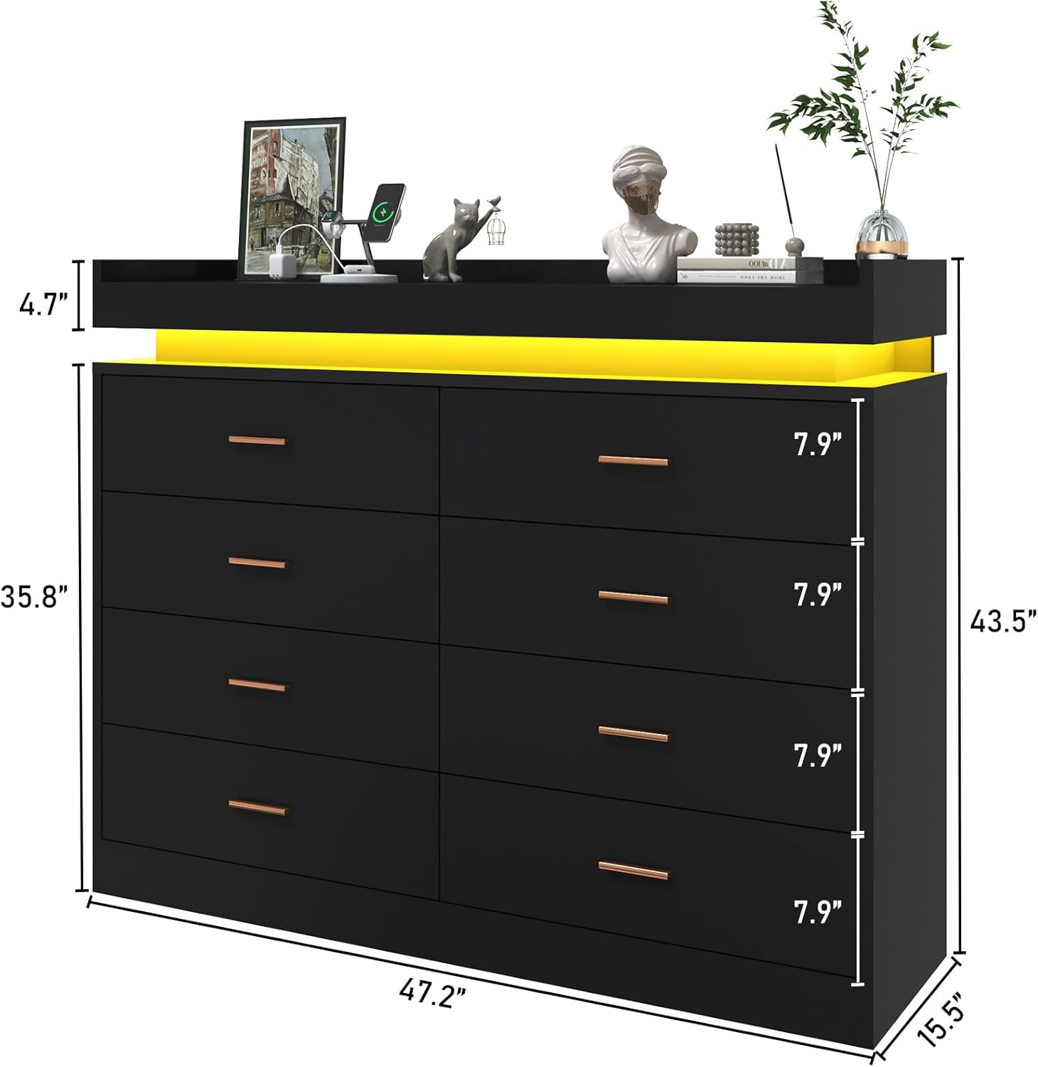 ANPOO 8 Drawer Dresser with Charging Station and LED Lights, Modern Wood Dresser with Wide Drawers and Metal Handles for Bedroom, Living Room