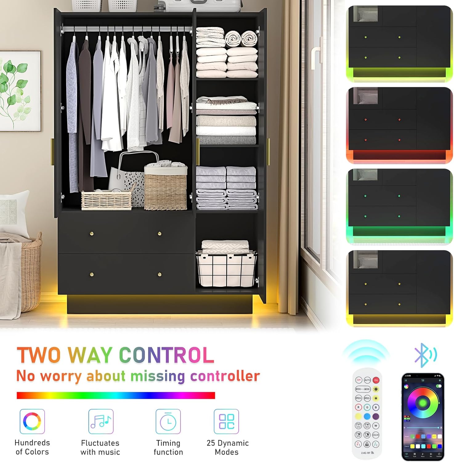 3 Doors Armoire Wardrobe Closet with Mirror and LED Lights, Armoire with Doors and Drawers, Modern Wooden Armoire Wardrobe Closet with Hanging Rod for Bedroom