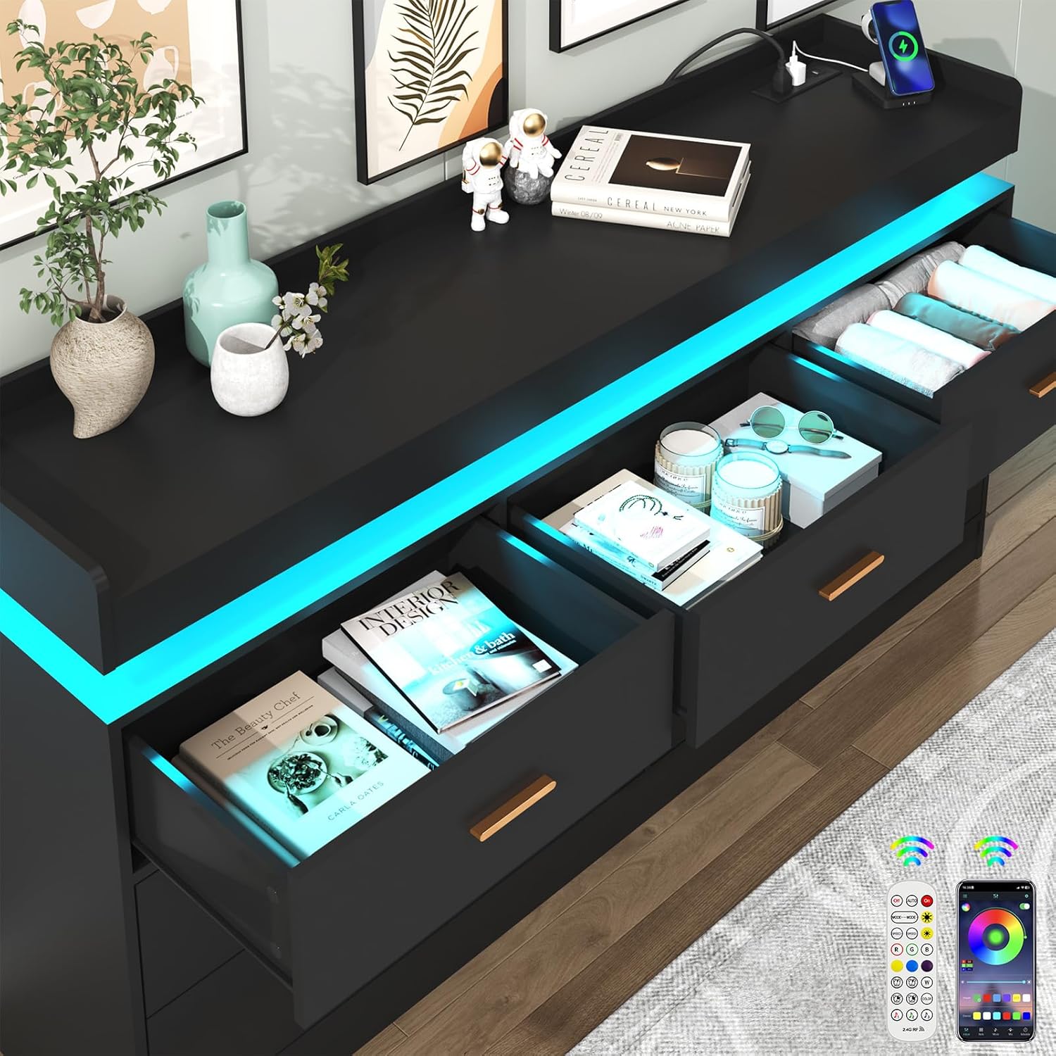 ChVans White Dresser with LED Light and Charging Station, Modern Wood Dresser with Wide Drawers and Metal Handles, 7 drawer dresser for Bedroom, Living Room, Entryway, Hallway