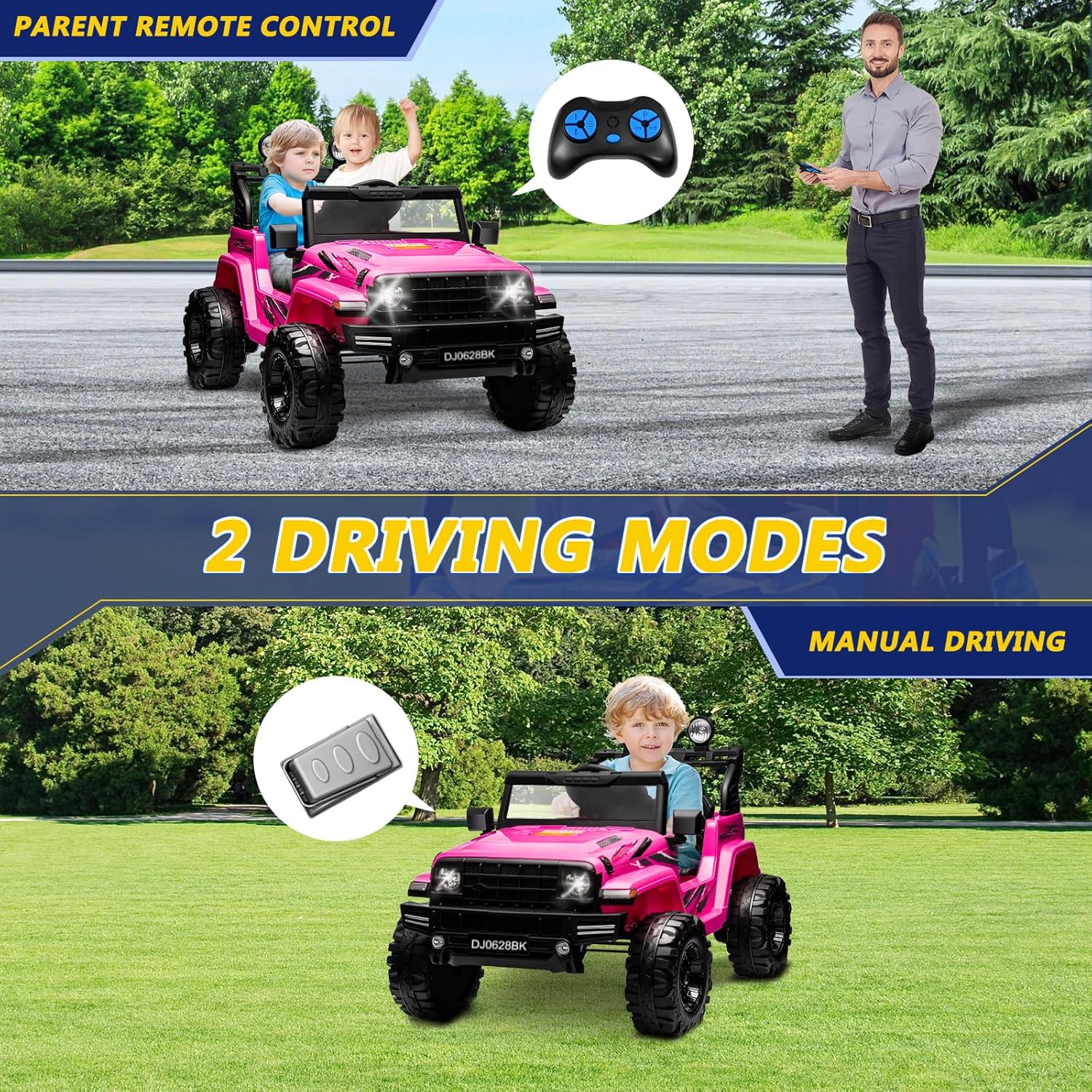 24V Kids Electric Ride on Car, 2-Seat Battery Powered Toy with LED Lights and Remote Control, Battery Powered Wheels Truck with USB Ports, MP3 Player, for Boys, Girls