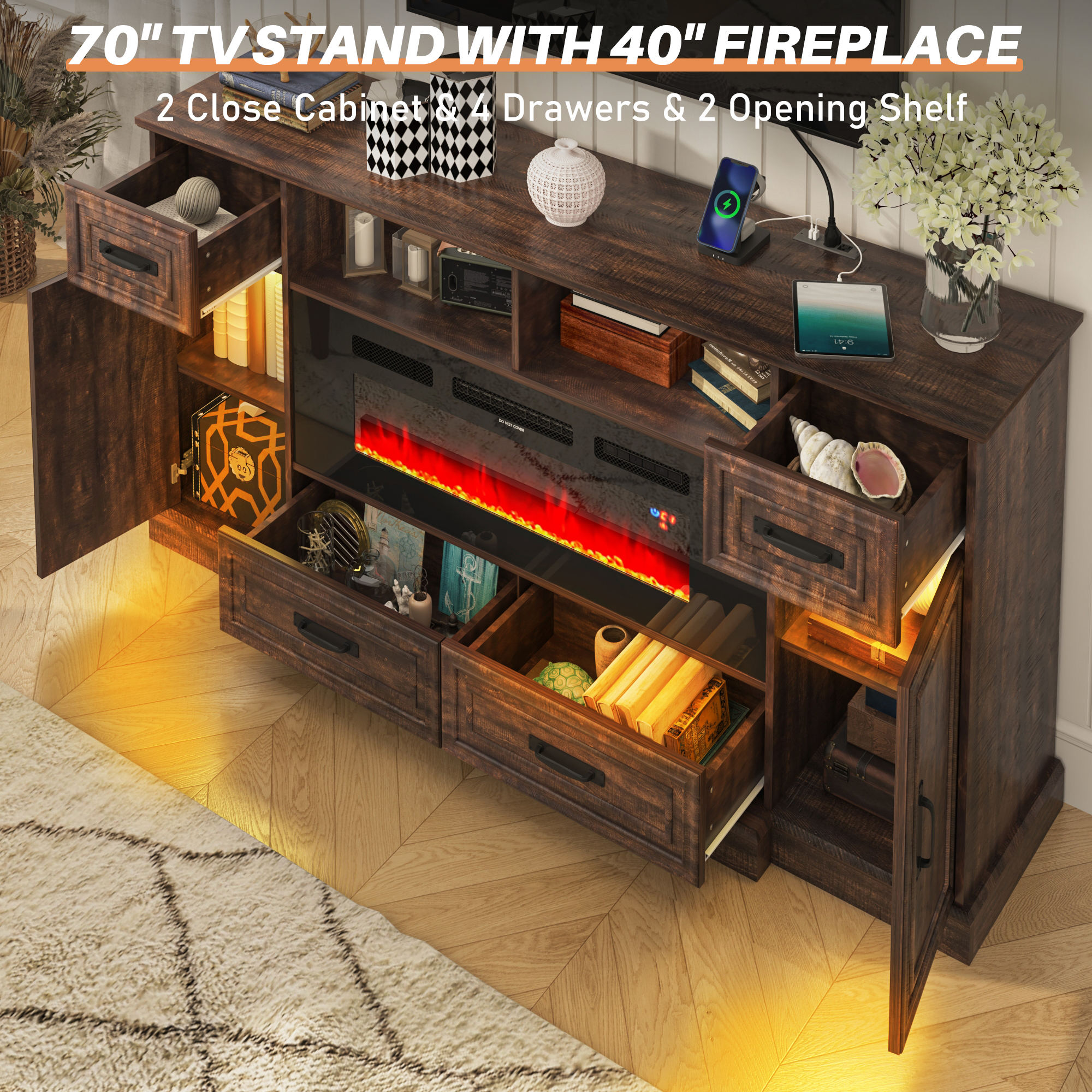 ChVans Farmhouse Fireplace TV Stand for 80" TV, Entertainment Center with 40'' Electric Fireplace & LED Lights, Modern Media Console with Storage Drawers & Cabinets & Power Outlets, Antique Brown