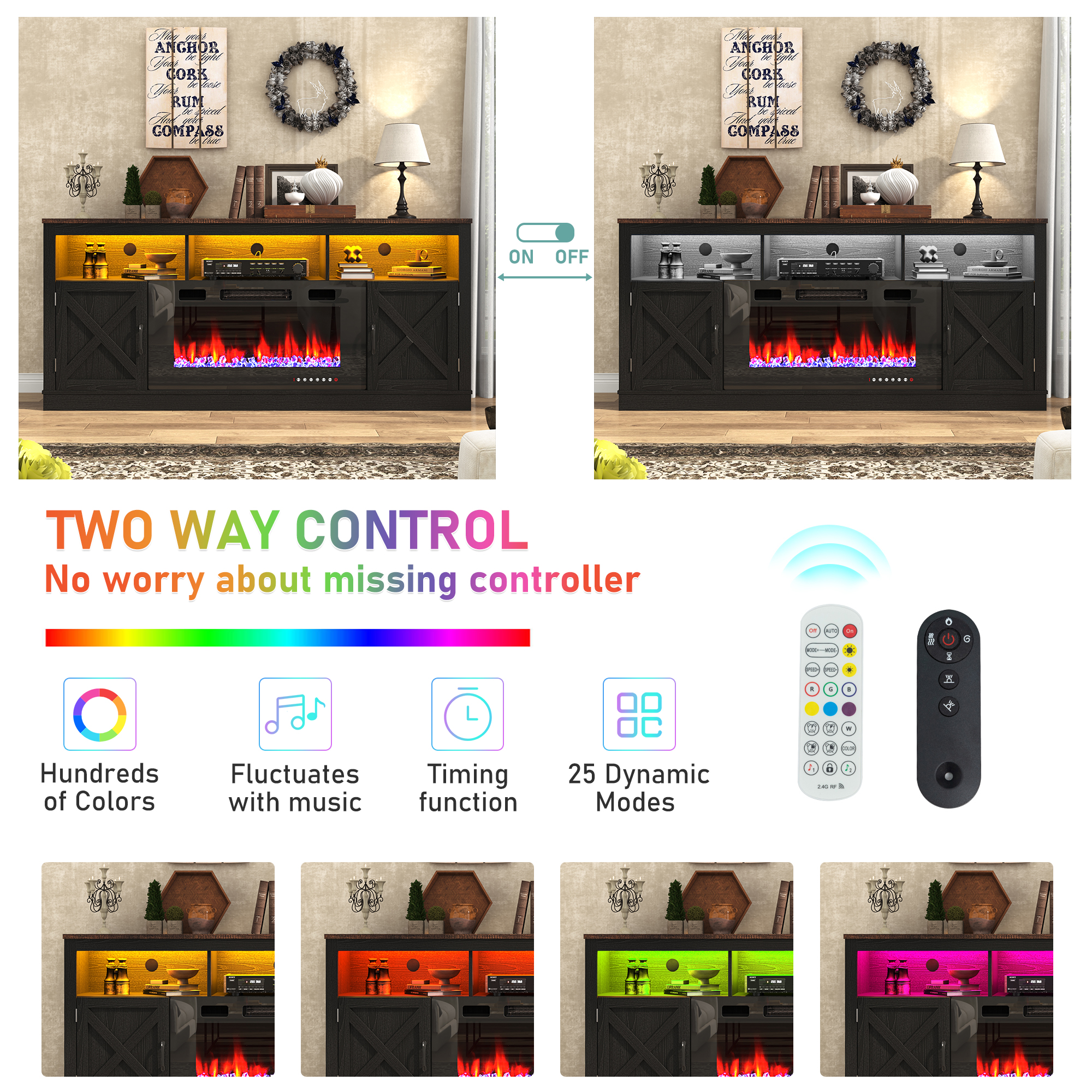 ChVans 70" Fireplace TV Stand for TVs up to 80" with 36" Electric Fireplace, Farmhouse Entertainment Center with LED, Wooden Media Console for Living Room, Bedroom(Grey)