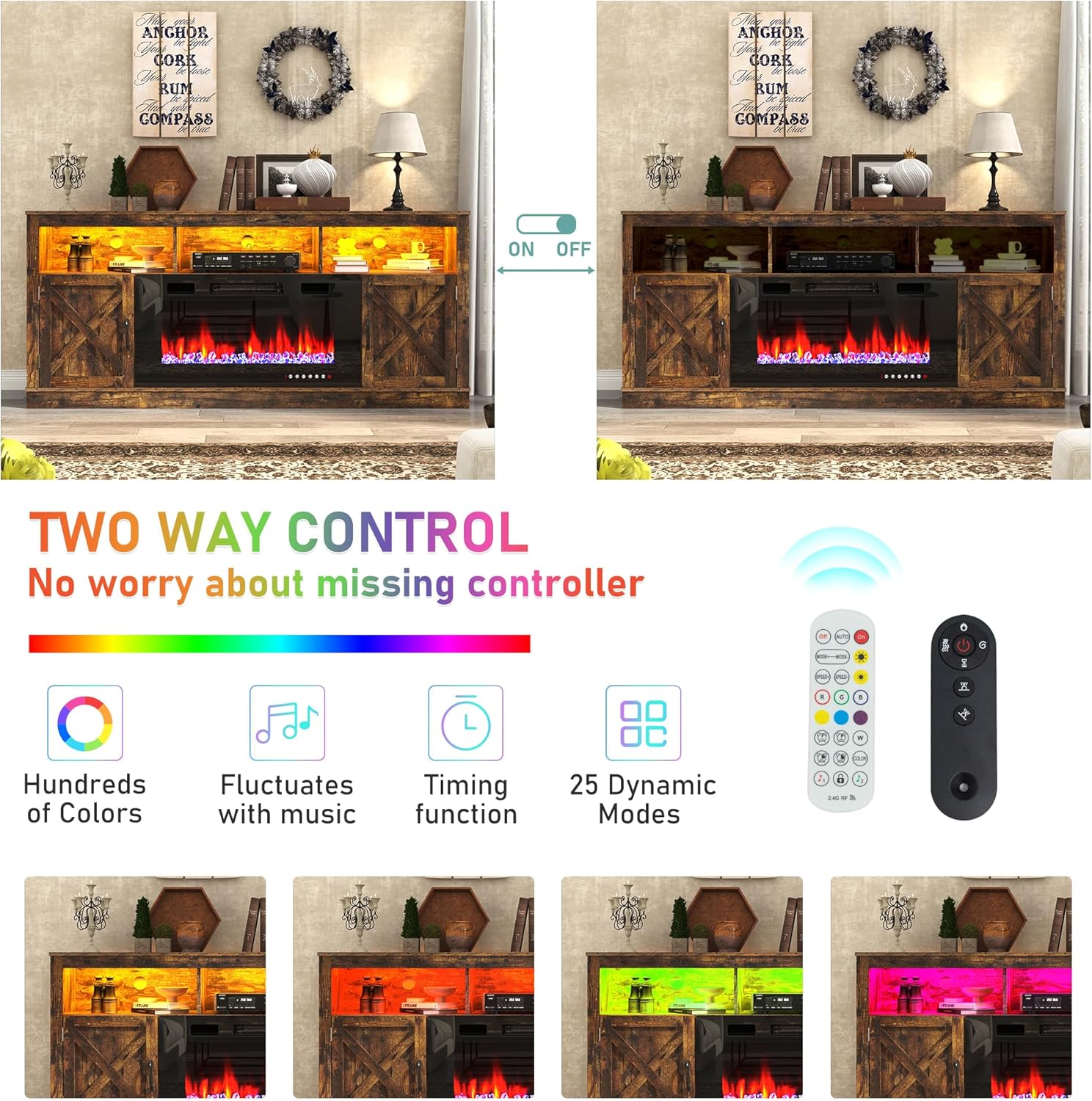 ChVans 70" Fireplace TV Stand for TVs up to 80" with 36" Electric Fireplace, Farmhouse Entertainment Center with LED, Wooden Media Console for Living Room, Bedroom(Grey)