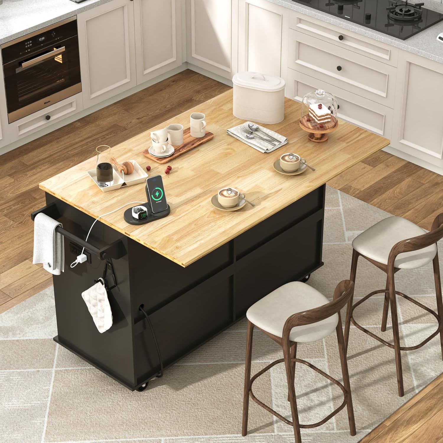 ChVans 59" W Kitchen Island with Drop Leaf, Rolling Kitchen Cart with Storage on Wheels, Large Island Table for Kitchen with Rubber Wood Top and Rack and Drawer