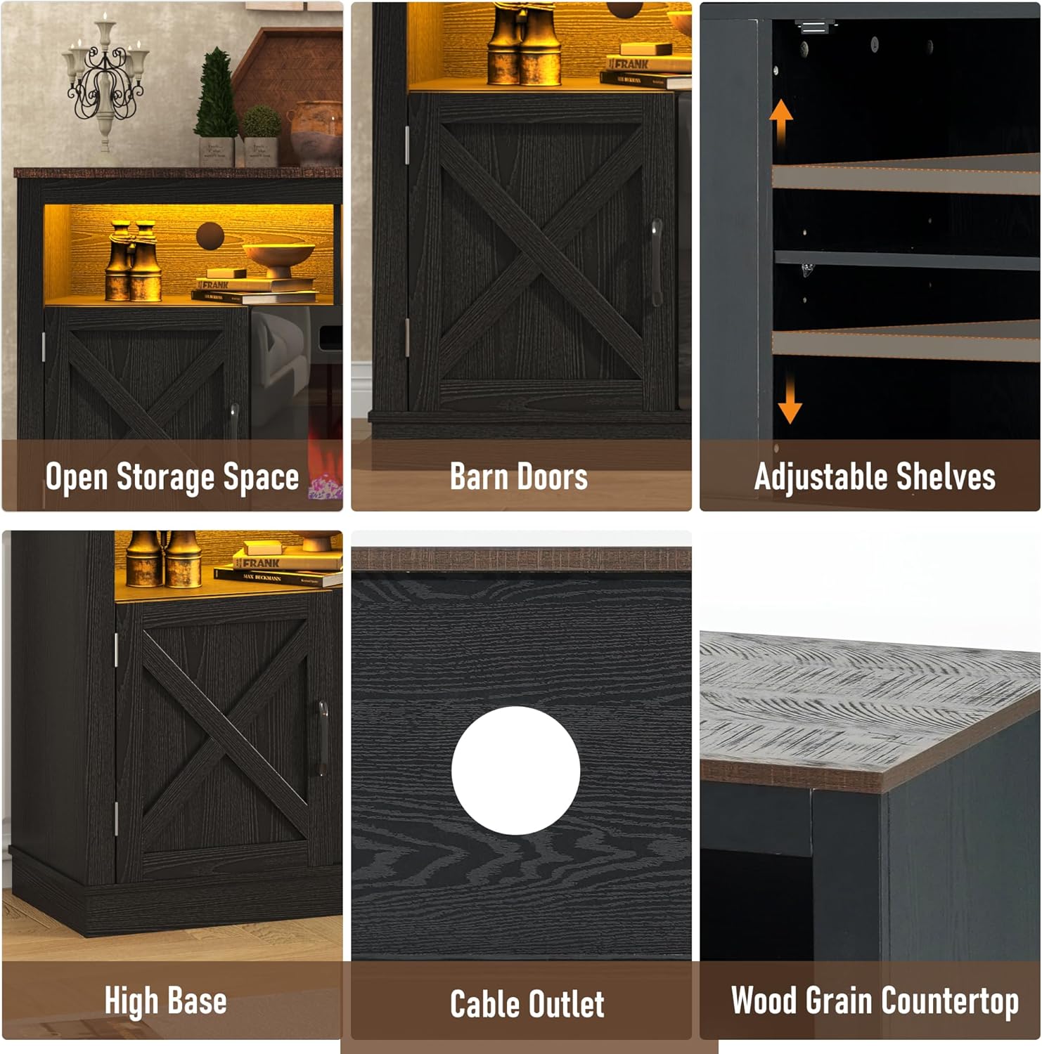 Fireplace TV Stand for 70/75/80 Inch TV with 36" Electric Fireplace, 70" Farmhouse Entertainment Center with LED Lights, Tall Media Console with Barn Door for Living Room, Bedroom