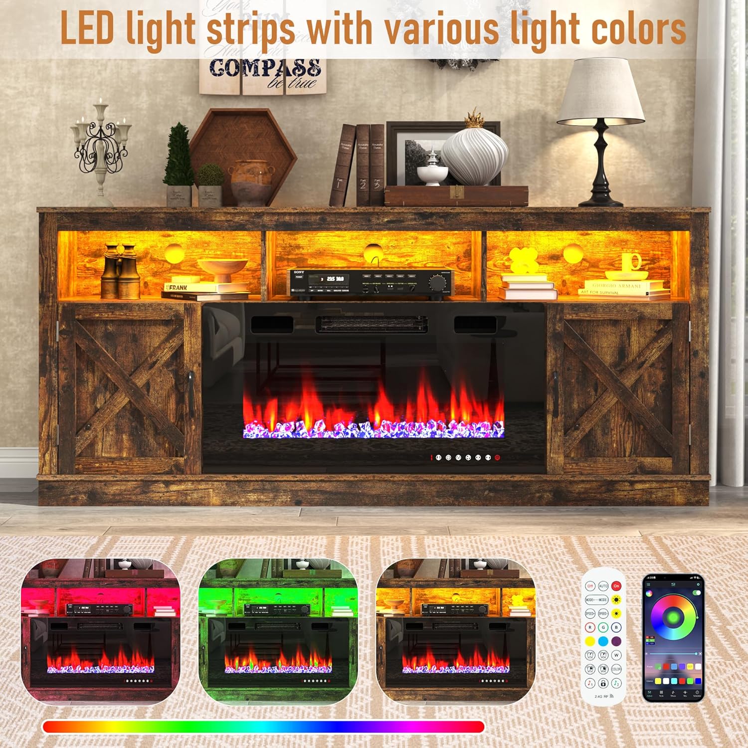 Fireplace TV Stand for 70/75/80 Inch TV with 36" Electric Fireplace, 70" Farmhouse Entertainment Center with LED Lights, Tall Media Console with Barn Door for Living Room, Bedroom