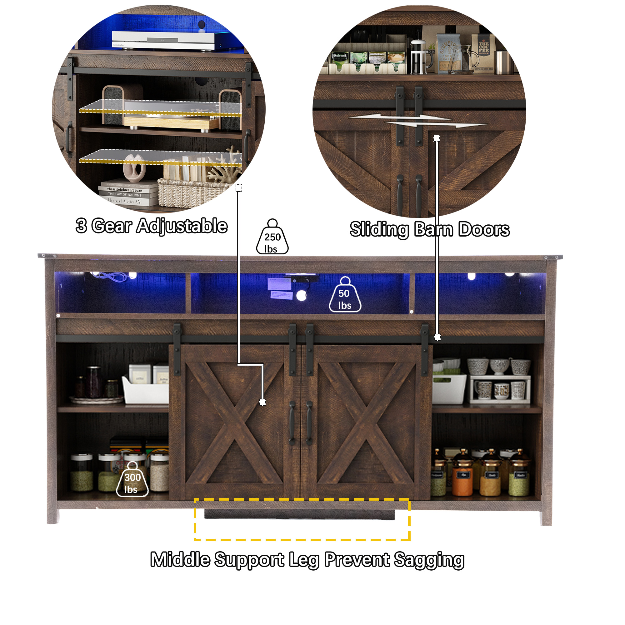 Farmhouse TV Stand for 65" 70" TVs with LED Light/Outlets USB Ports, 61" Large Entertainment Center with Sliding Barn Door & 4 Tier Storage