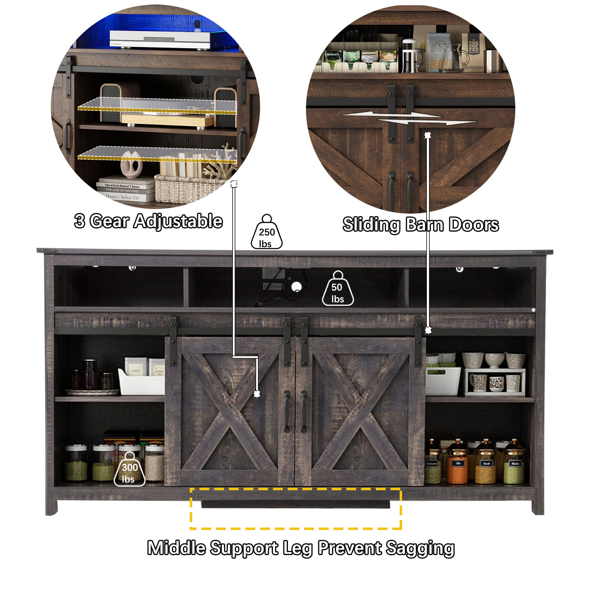 Farmhouse TV Stand for 65" 70" TVs with LED Light/Outlets USB Ports, 61" Large Entertainment Center with Sliding Barn Door & 4 Tier Storage