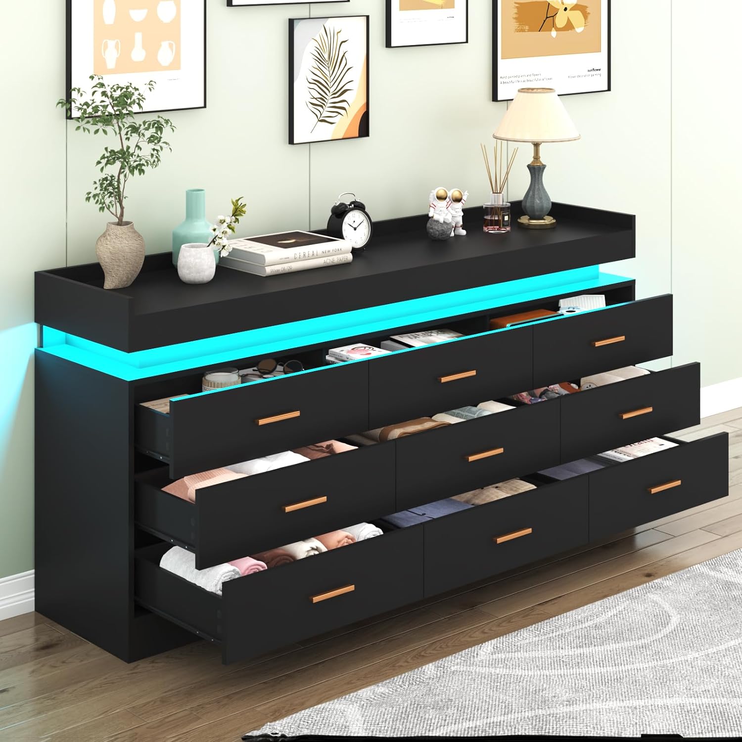 ChVans Black Dresser with LED Light, Modern Wood Dresser with Wide Drawers and Metal Handles, 9 drawer dresser for Bedroom, Living Room, Entryway, Hallway