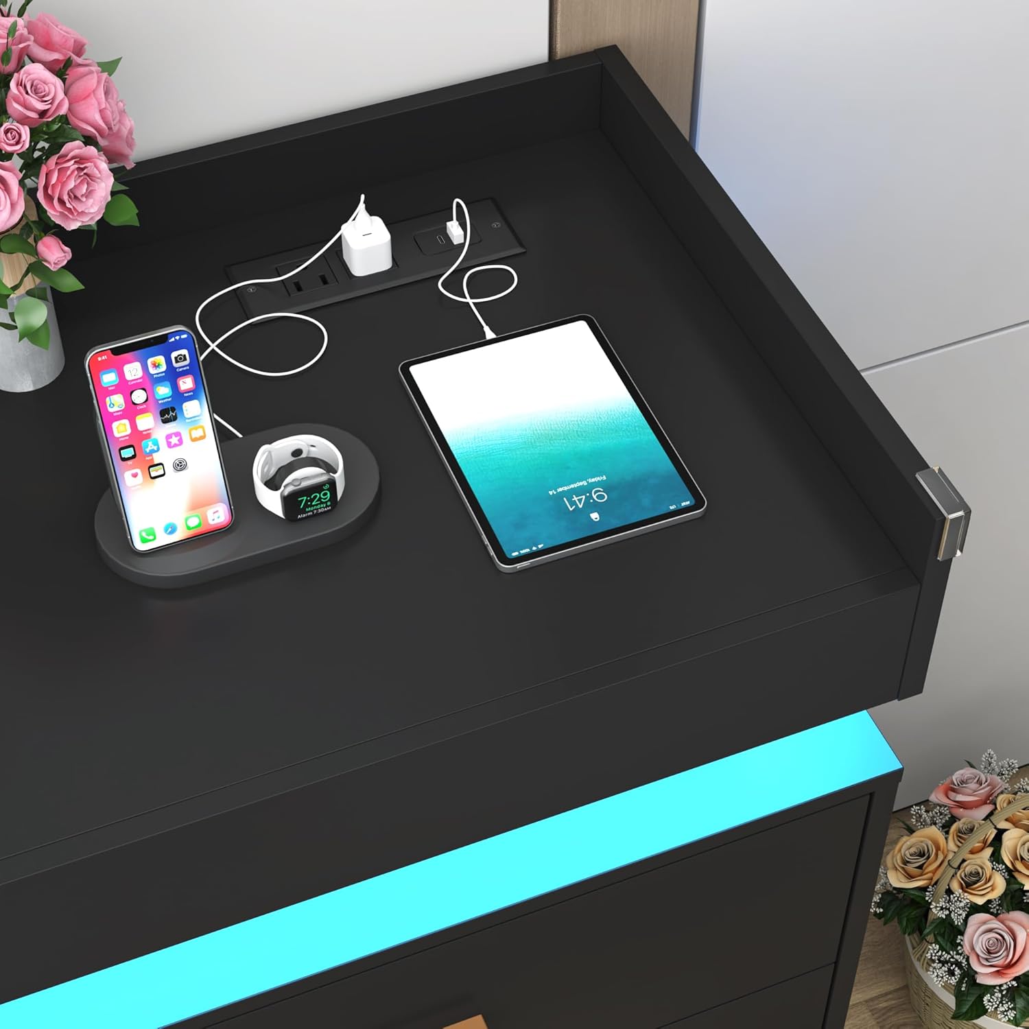 ChVans 12 Drawer Dresser with LED Lights and Charging Station, 70" Wide wood Chest of Drawers and Metal Handles, 45.7" Tall drawers dresser for bedroom, Living Room, Entryway, Hallway