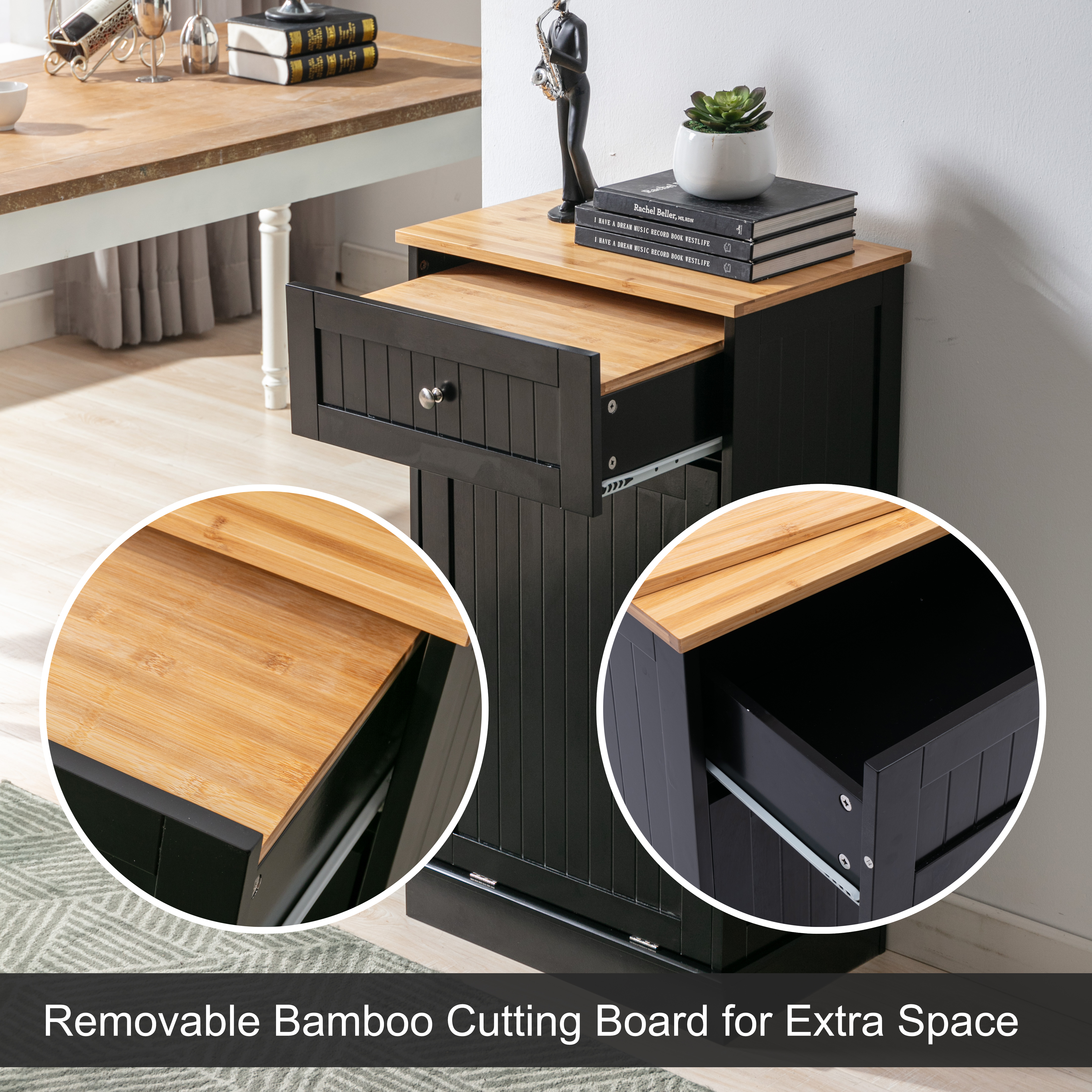 Kitchen Double Trash Cabinet Tilt Out Free Standing Storage Can, Wood Garbage Recycling Station Hideaway Trash Holder Drawers