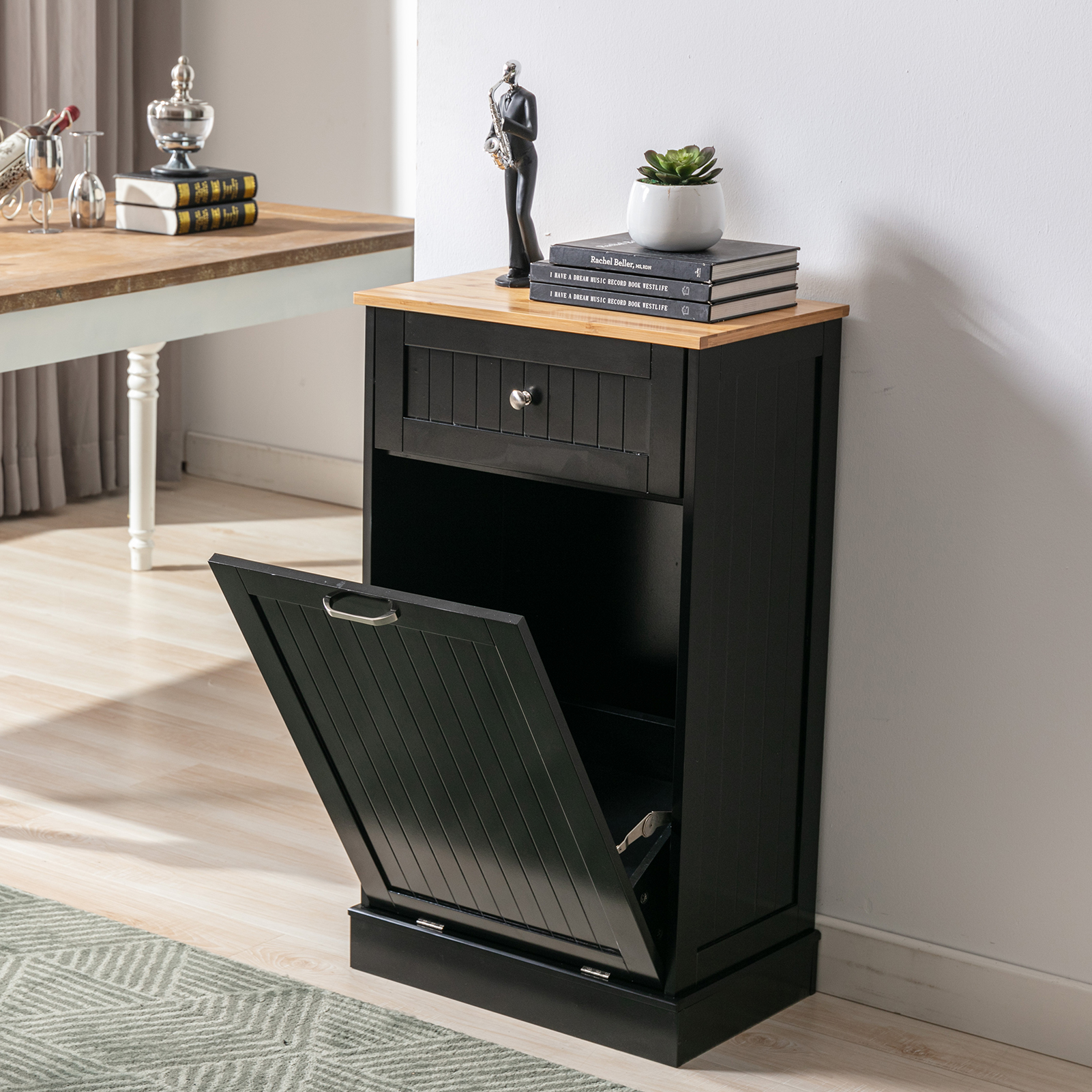 Kitchen Double Trash Cabinet Tilt Out Free Standing Storage Can, Wood Garbage Recycling Station Hideaway Trash Holder Drawers