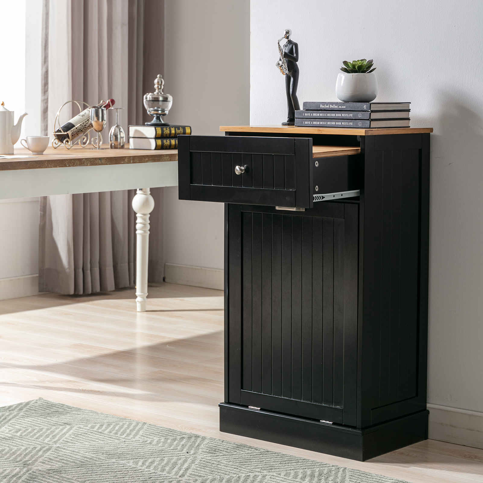 Kitchen Double Trash Cabinet Tilt Out Free Standing Storage Can, Wood Garbage Recycling Station Hideaway Trash Holder Drawers