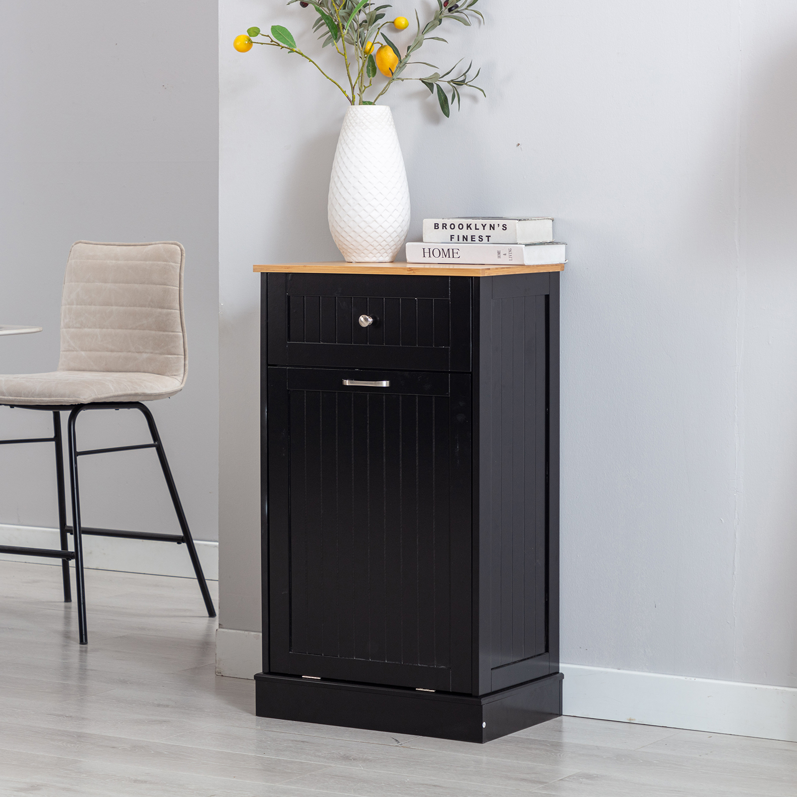 Kitchen Double Trash Cabinet Tilt Out Free Standing Storage Can, Wood Garbage Recycling Station Hideaway Trash Holder Drawers