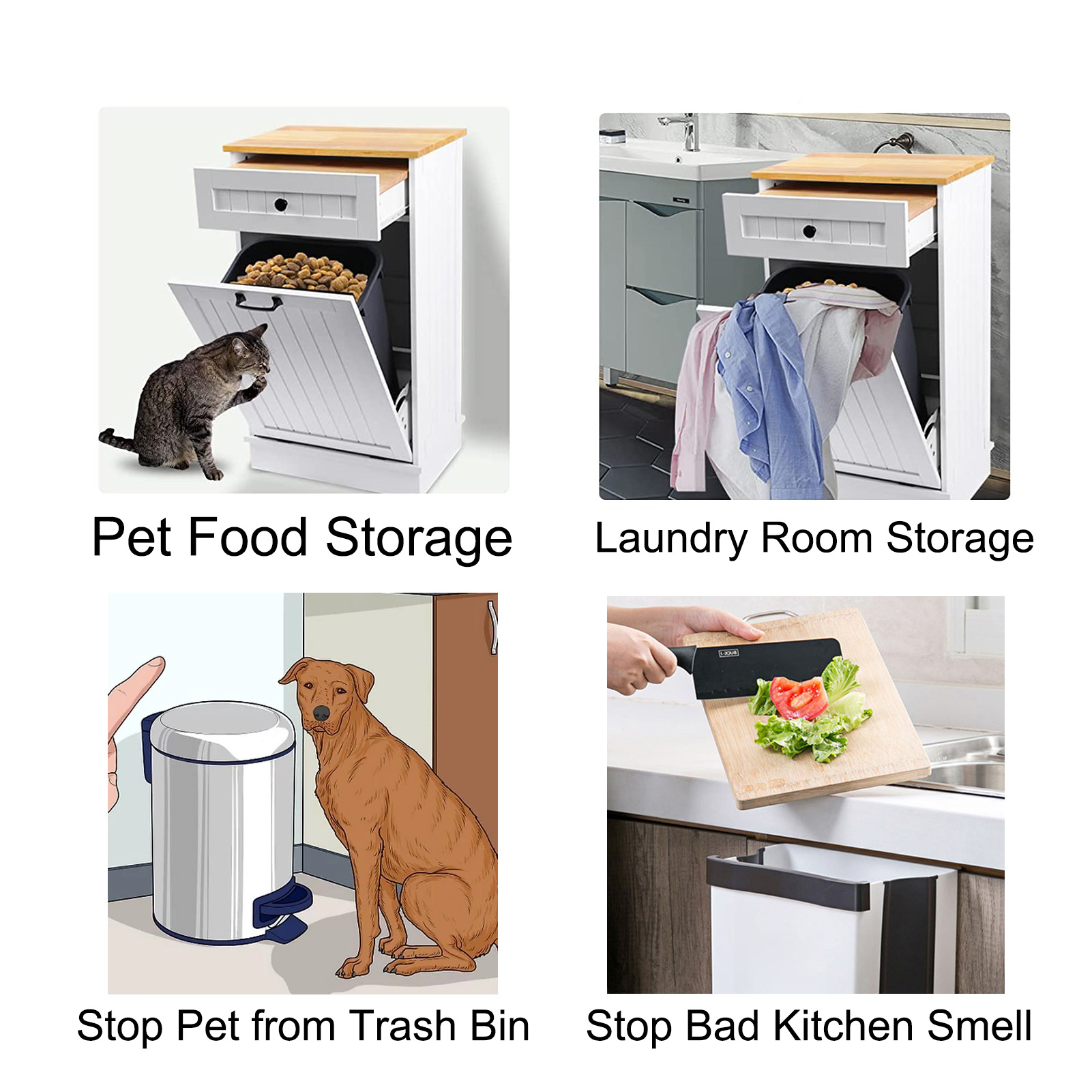 Kitchen Double Trash Cabinet Tilt Out Free Standing Storage Can, Wood Garbage Recycling Station Hideaway Trash Holder Drawers
