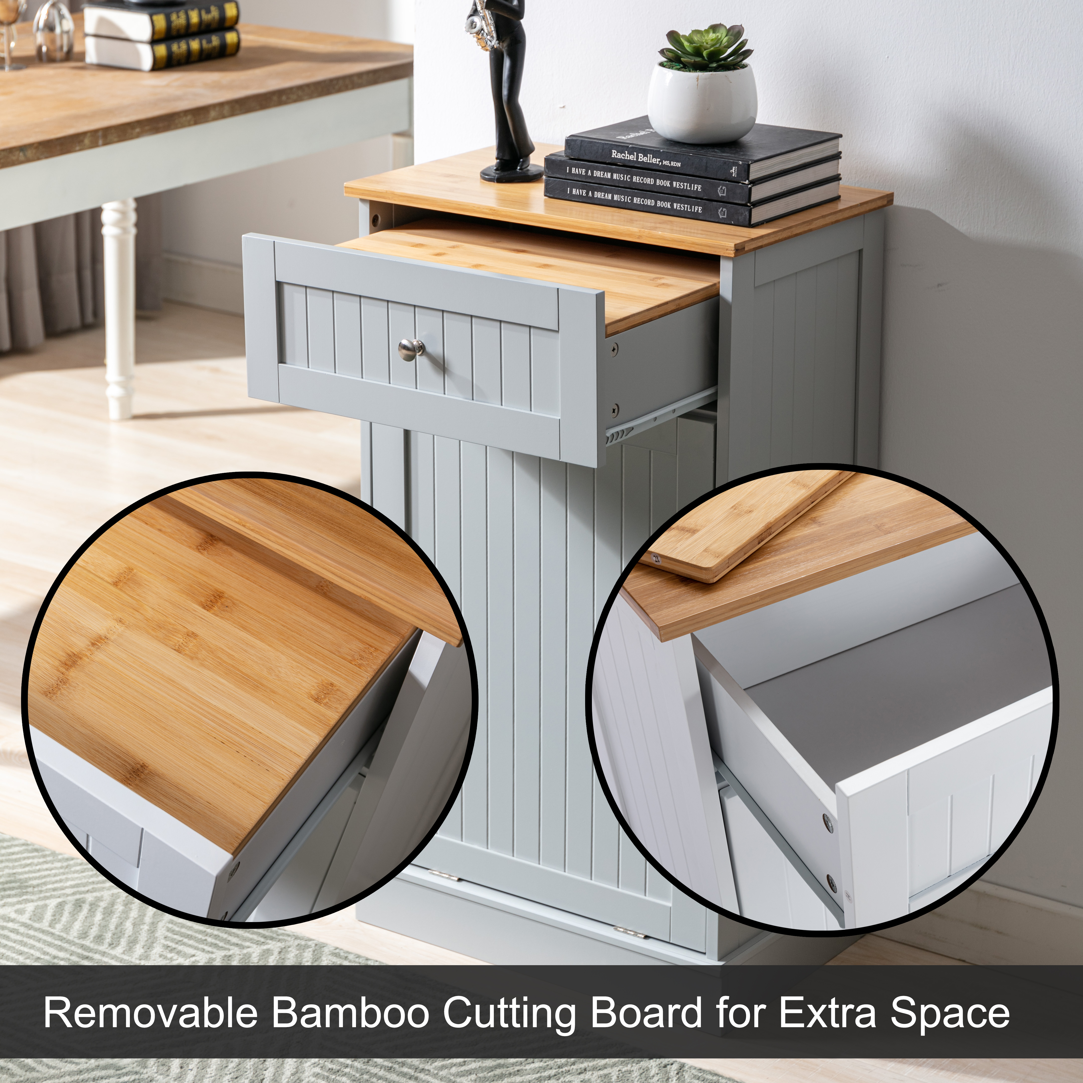 Kitchen Double Trash Cabinet Tilt Out Free Standing Storage Can, Wood Garbage Recycling Station Hideaway Trash Holder Drawers