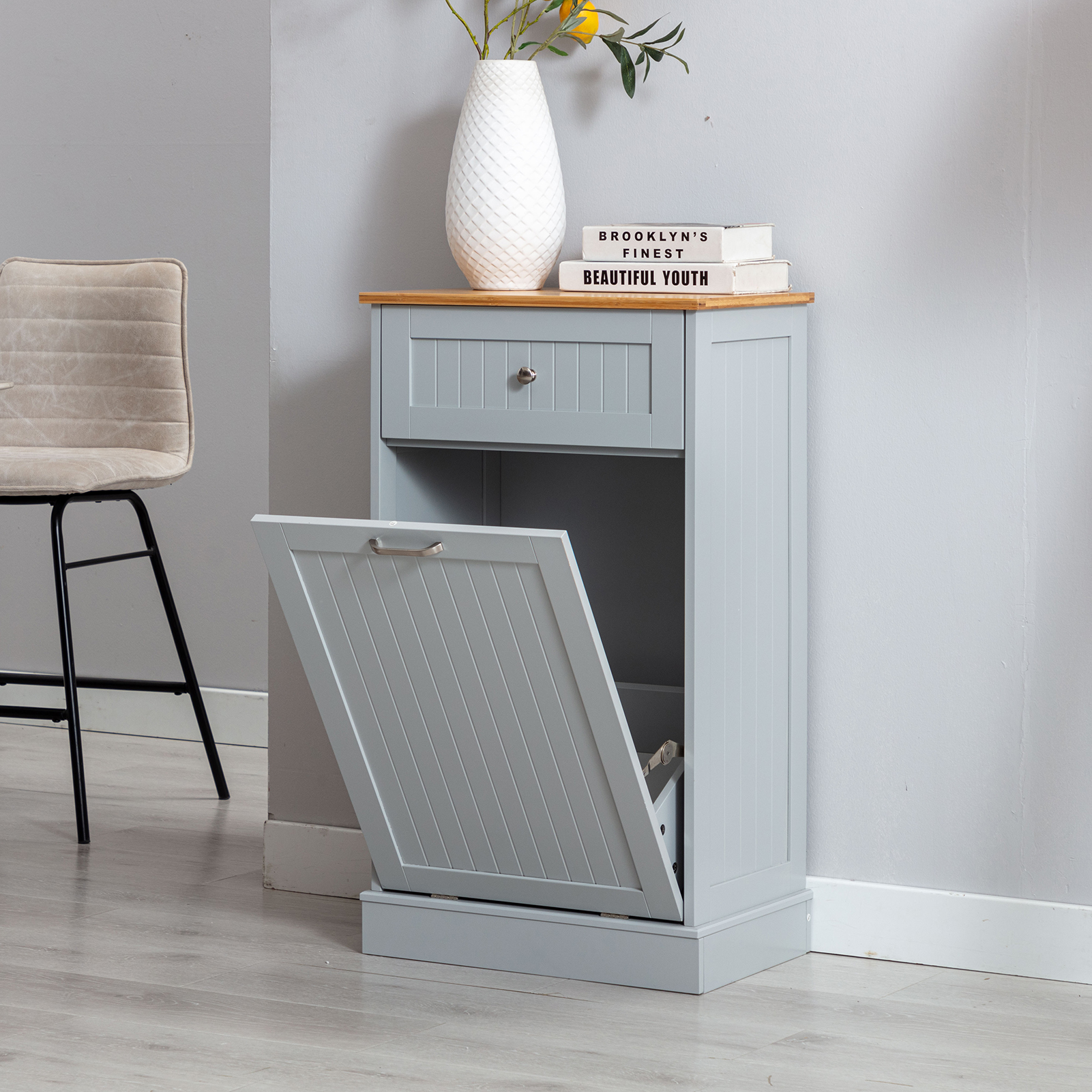 Kitchen Double Trash Cabinet Tilt Out Free Standing Storage Can, Wood Garbage Recycling Station Hideaway Trash Holder Drawers