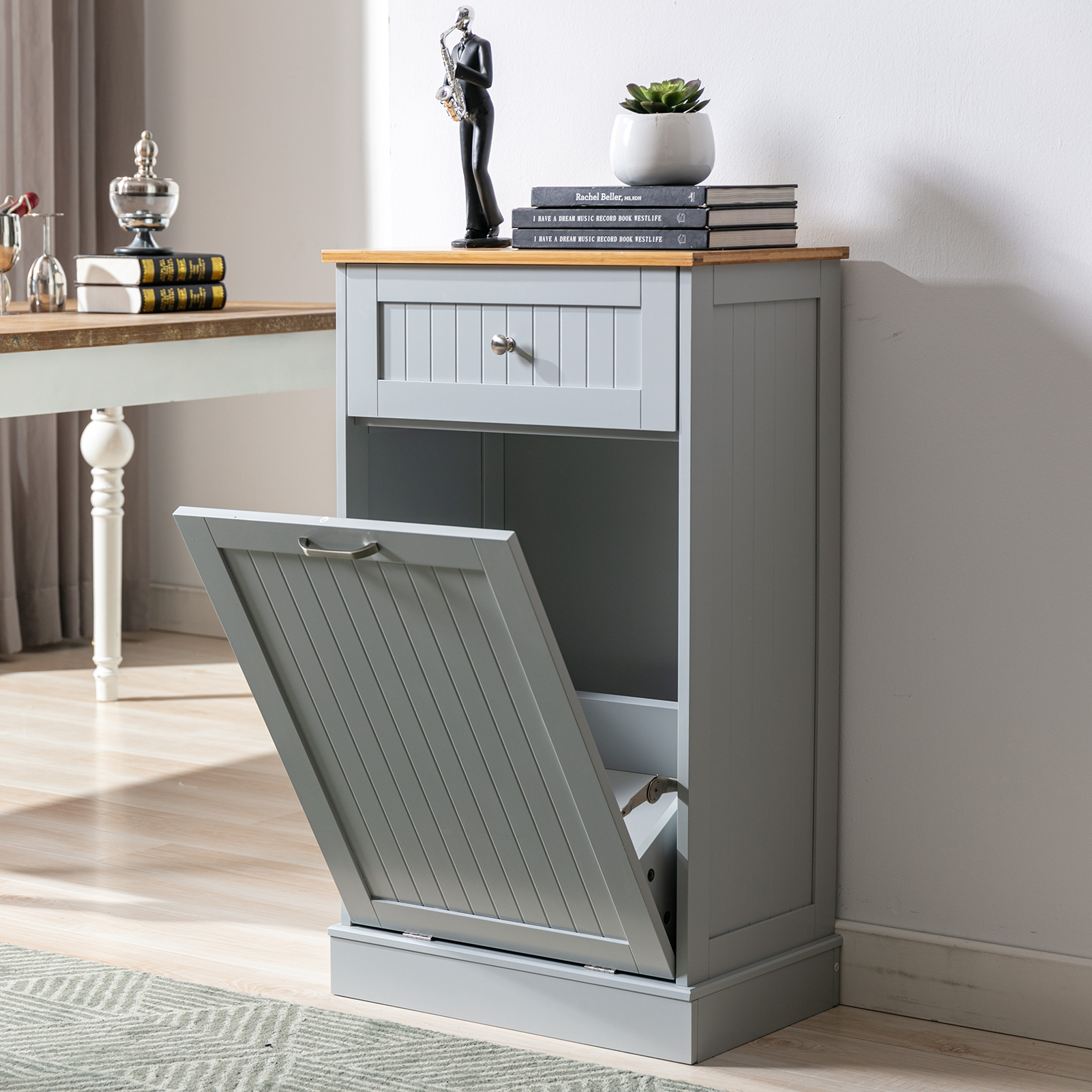 Kitchen Double Trash Cabinet Tilt Out Free Standing Storage Can, Wood Garbage Recycling Station Hideaway Trash Holder Drawers