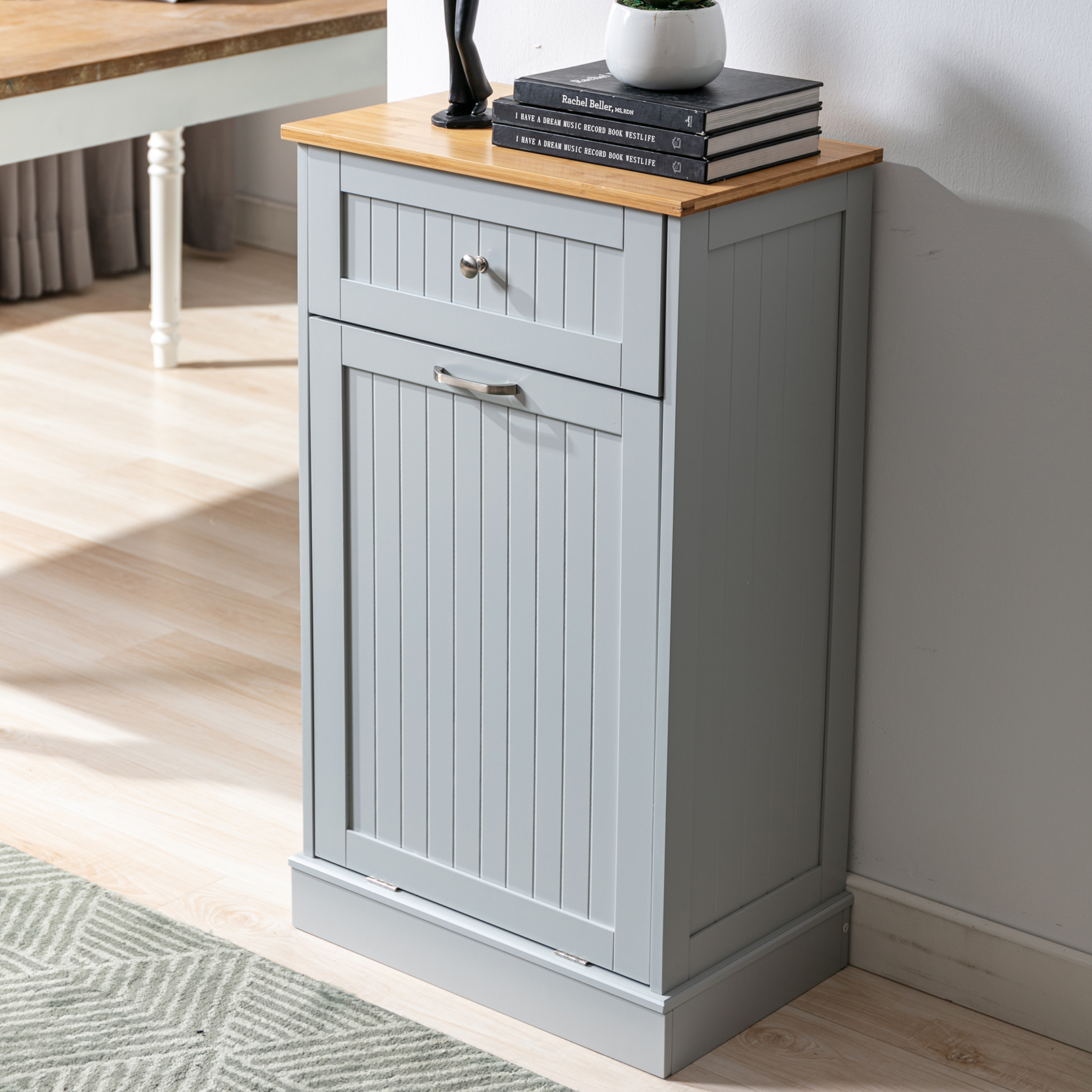 Kitchen Double Trash Cabinet Tilt Out Free Standing Storage Can, Wood Garbage Recycling Station Hideaway Trash Holder Drawers