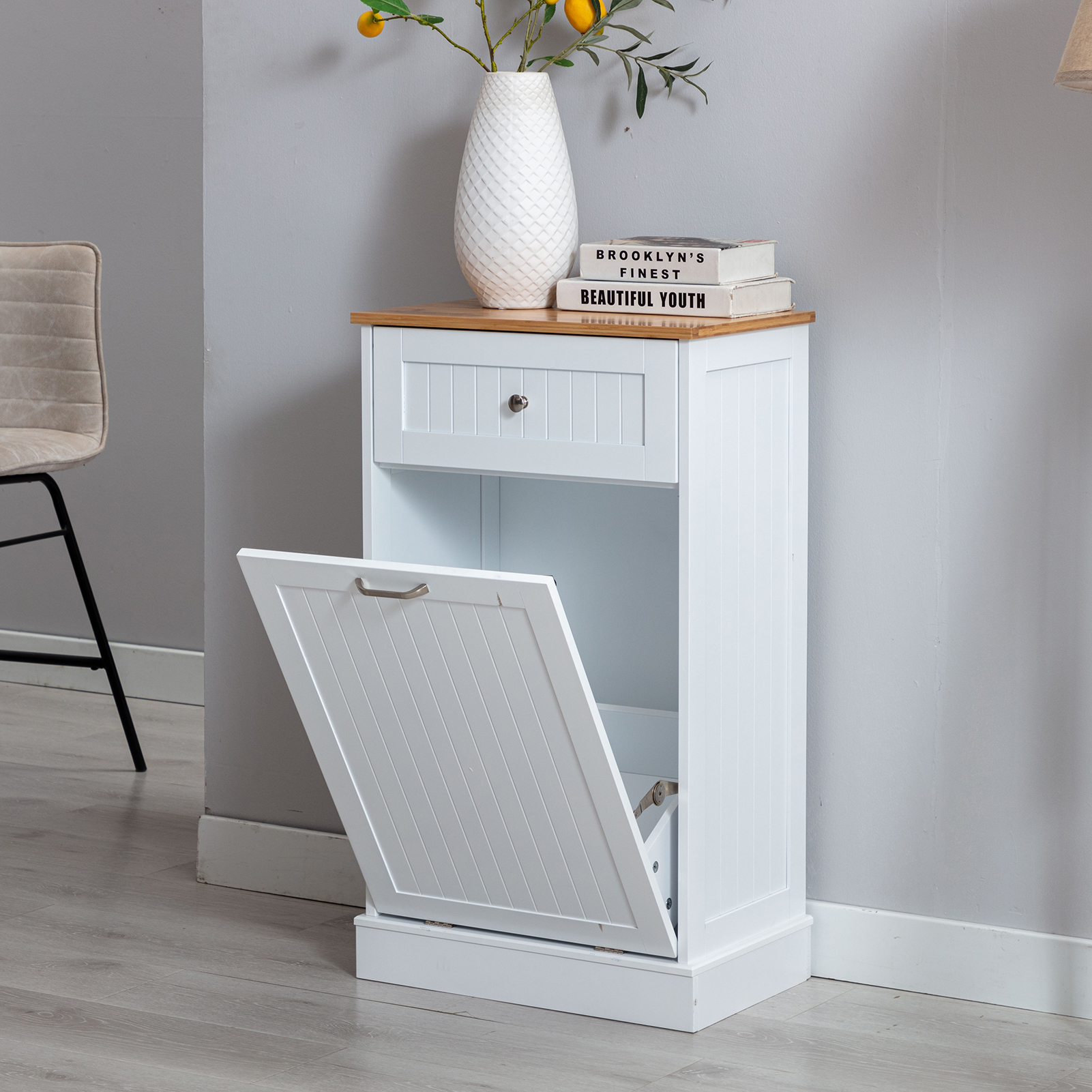 Kitchen Double Trash Cabinet Tilt Out Free Standing Storage Can, Wood Garbage Recycling Station Hideaway Trash Holder Drawers