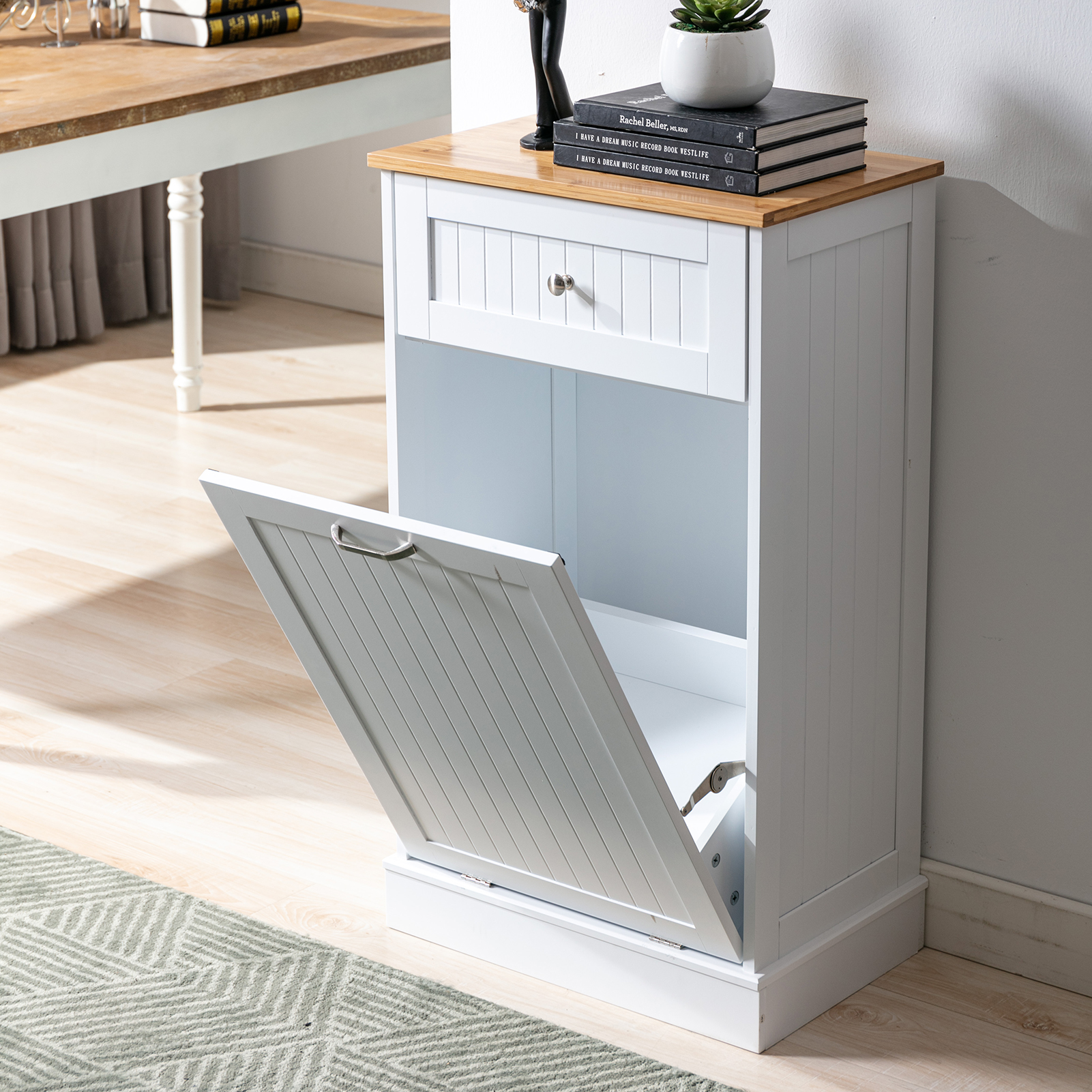 Kitchen Double Trash Cabinet Tilt Out Free Standing Storage Can, Wood Garbage Recycling Station Hideaway Trash Holder Drawers