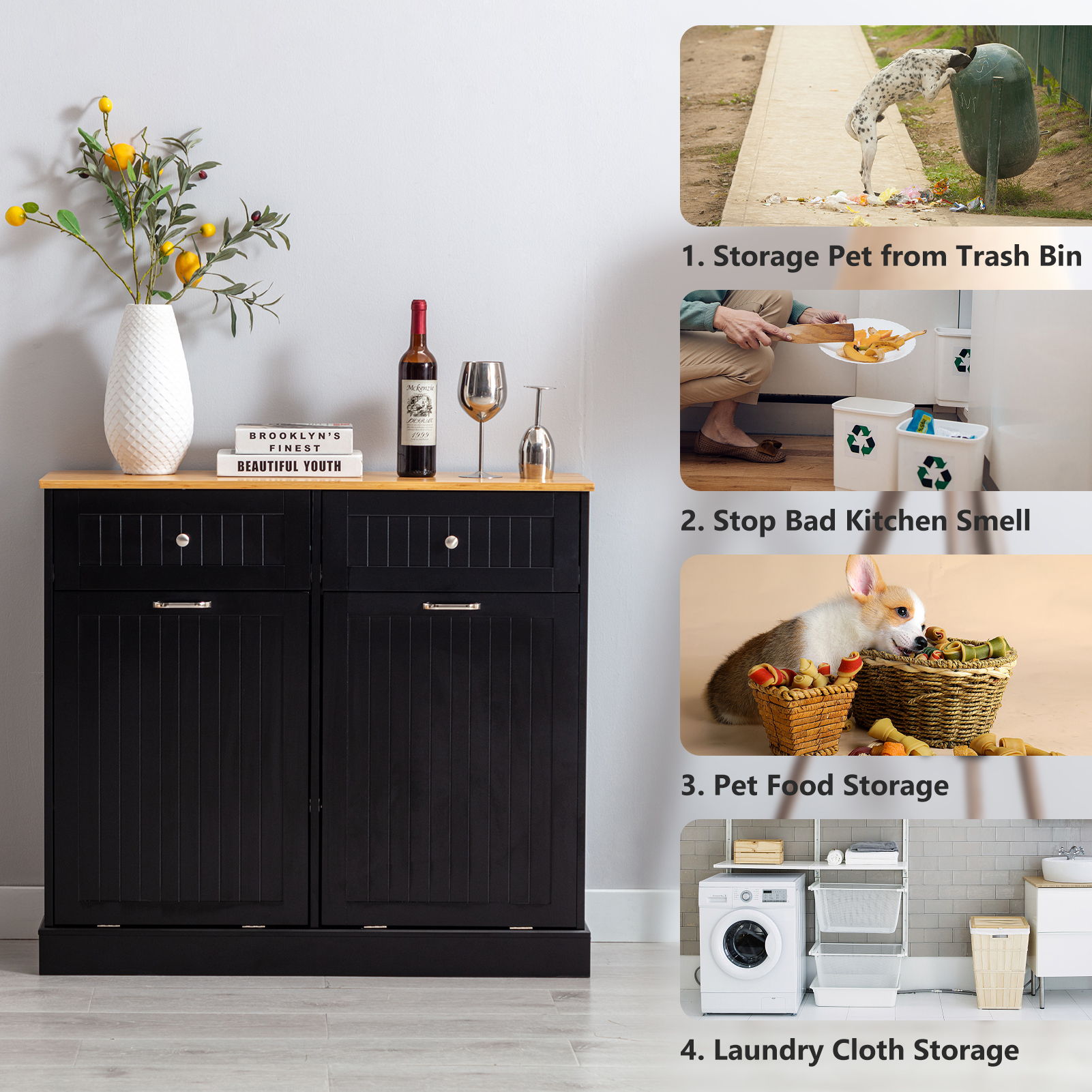 Kitchen Double Trash Cabinet Tilt Out Free Standing Storage Can, Wood Garbage Recycling Station Hideaway Trash Holder Drawers