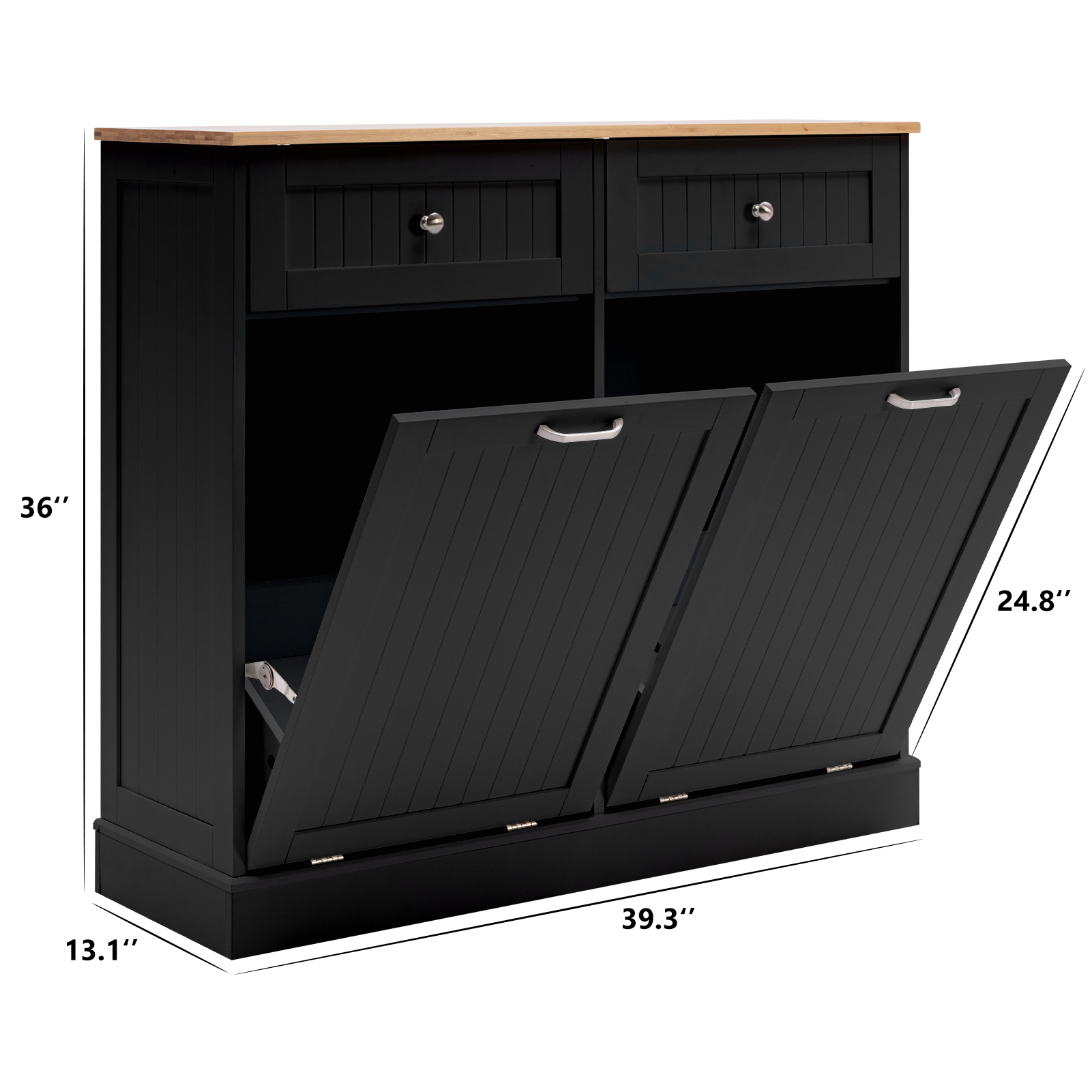 Kitchen Double Trash Cabinet Tilt Out Free Standing Storage Can, Wood Garbage Recycling Station Hideaway Trash Holder Drawers