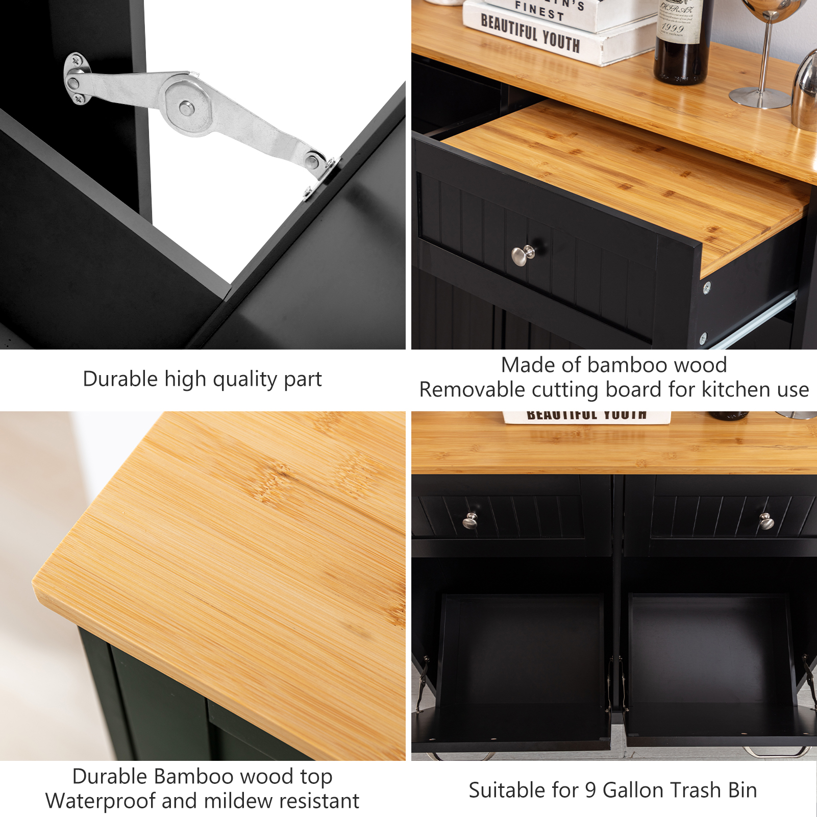 Kitchen Double Trash Cabinet Tilt Out Free Standing Storage Can, Wood Garbage Recycling Station Hideaway Trash Holder Drawers