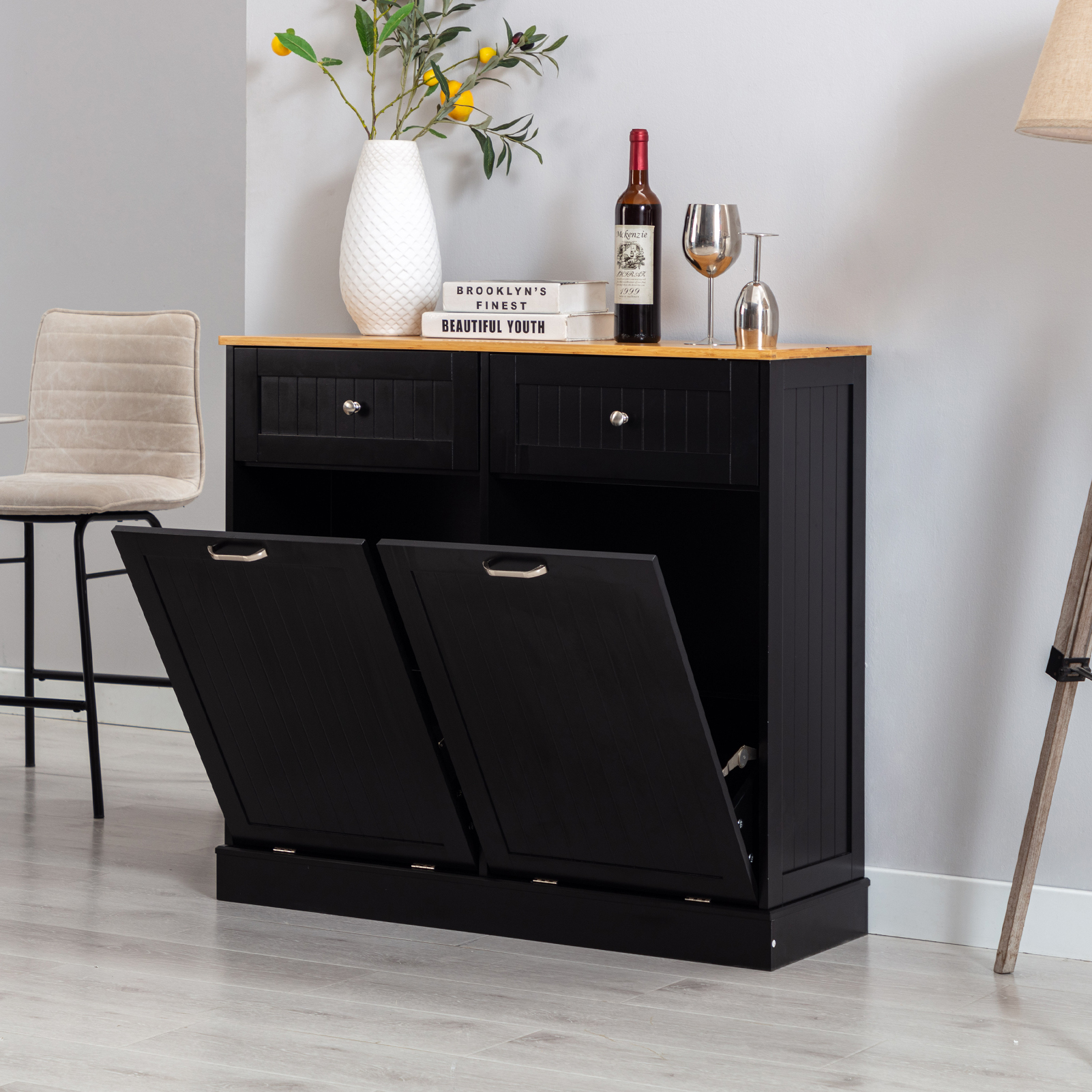 Kitchen Double Trash Cabinet Tilt Out Free Standing Storage Can, Wood Garbage Recycling Station Hideaway Trash Holder Drawers