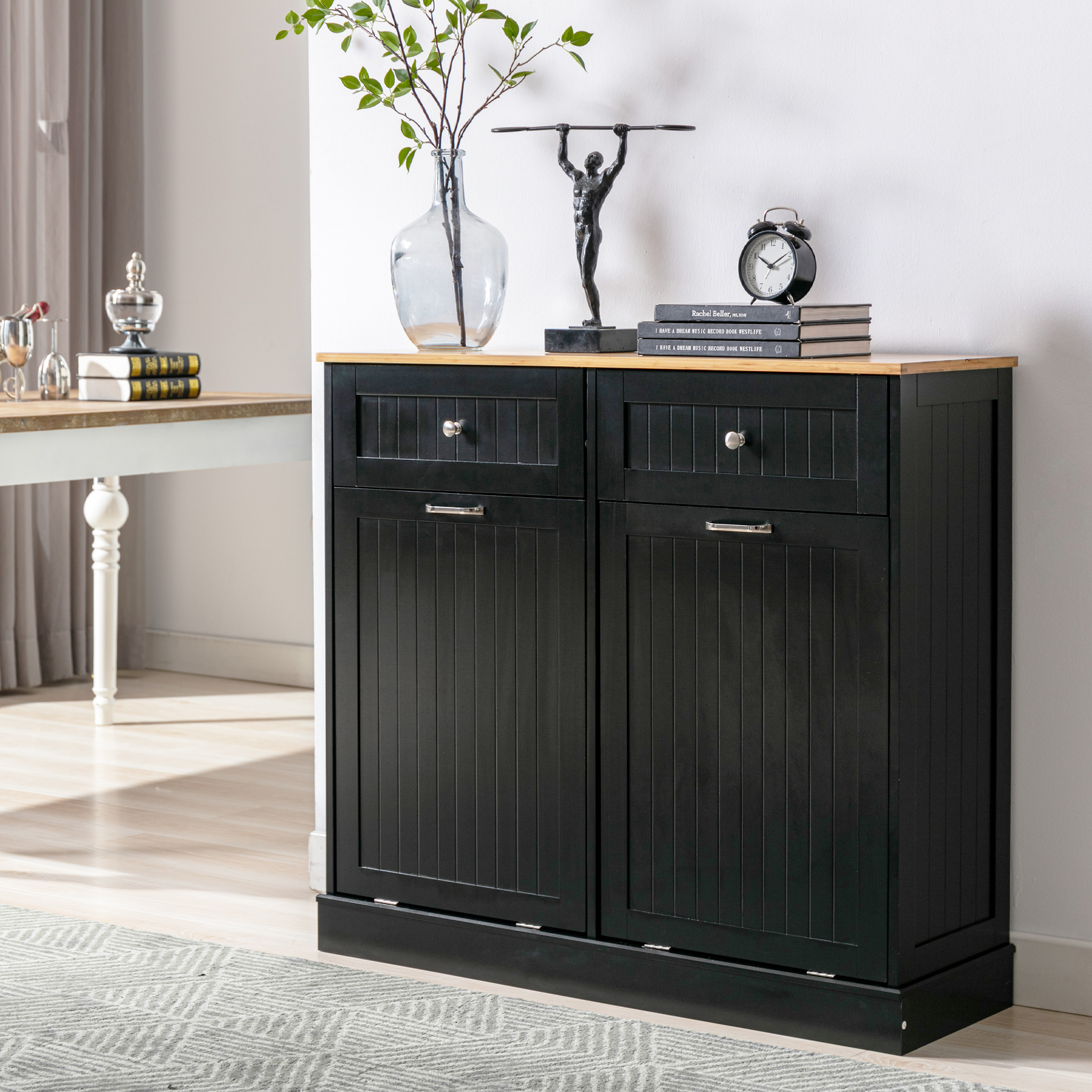 Kitchen Double Trash Cabinet Tilt Out Free Standing Storage Can, Wood Garbage Recycling Station Hideaway Trash Holder Drawers