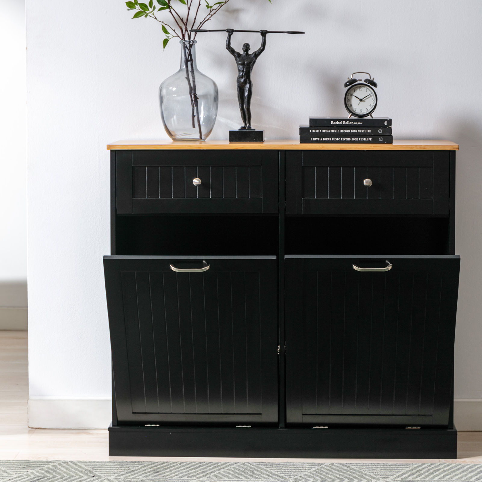 Kitchen Double Trash Cabinet Tilt Out Free Standing Storage Can, Wood Garbage Recycling Station Hideaway Trash Holder Drawers