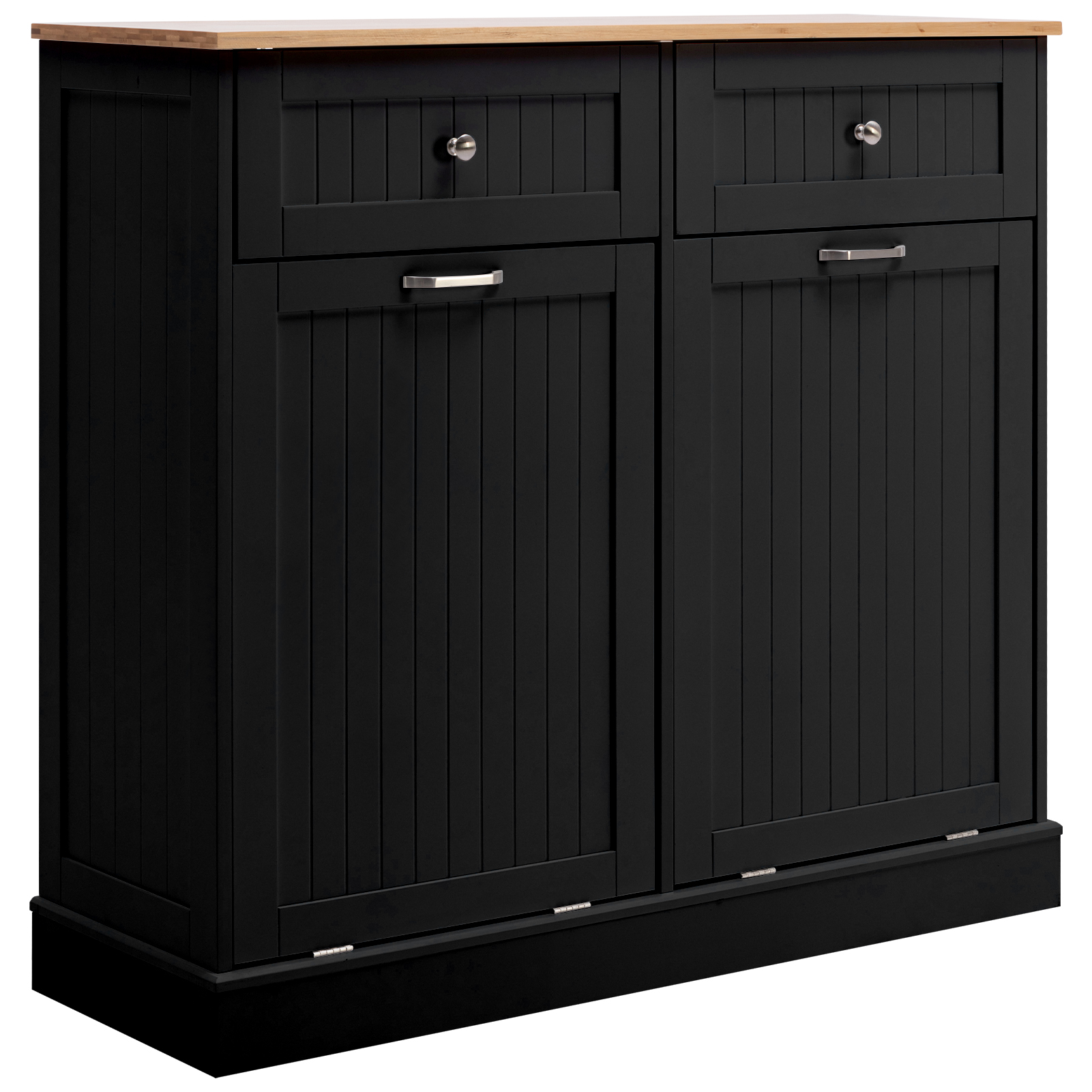 Kitchen Double Trash Cabinet Tilt Out Free Standing Storage Can, Wood Garbage Recycling Station Hideaway Trash Holder Drawers