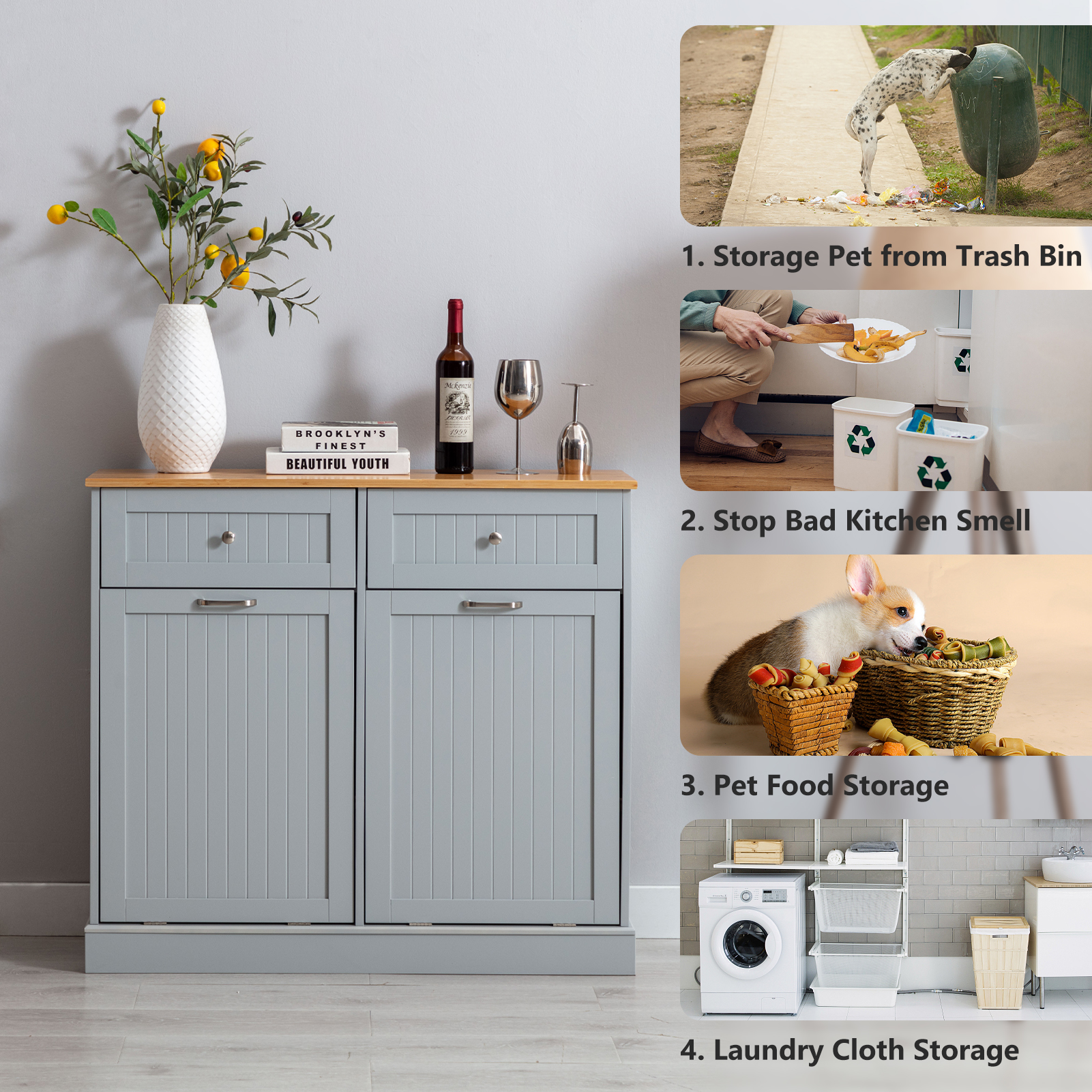 Kitchen Double Trash Cabinet Tilt Out Free Standing Storage Can, Wood Garbage Recycling Station Hideaway Trash Holder Drawers