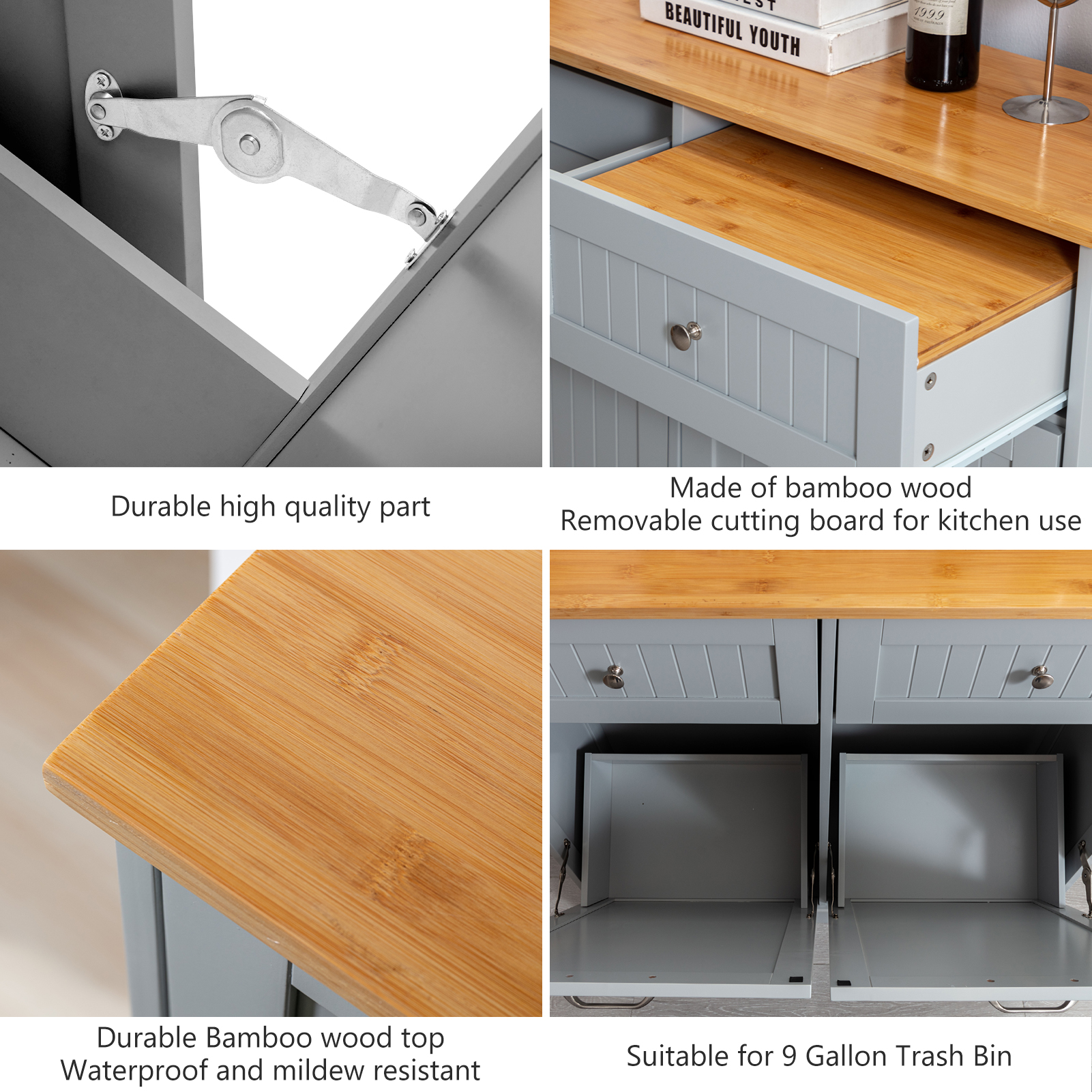 Kitchen Double Trash Cabinet Tilt Out Free Standing Storage Can, Wood Garbage Recycling Station Hideaway Trash Holder Drawers