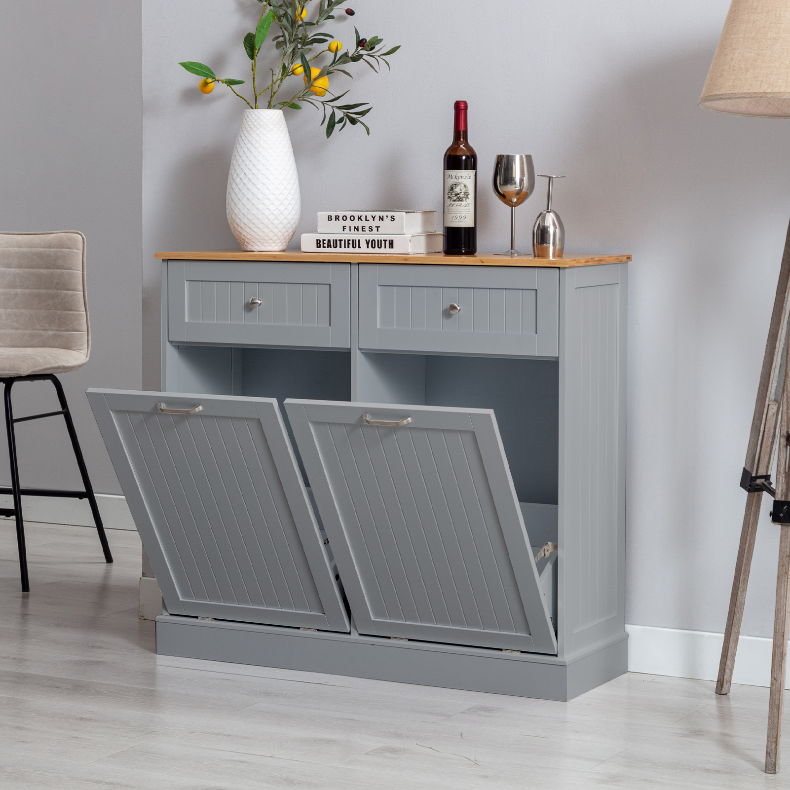 Kitchen Double Trash Cabinet Tilt Out Free Standing Storage Can, Wood Garbage Recycling Station Hideaway Trash Holder Drawers