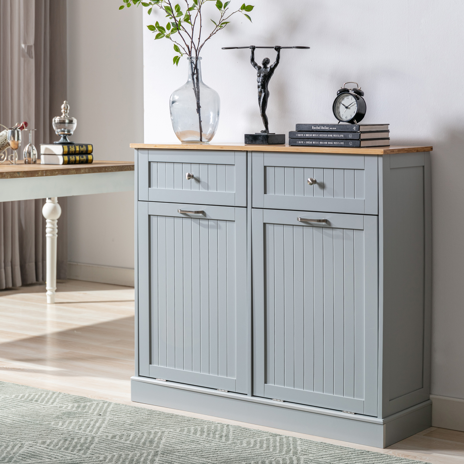 Kitchen Double Trash Cabinet Tilt Out Free Standing Storage Can, Wood Garbage Recycling Station Hideaway Trash Holder Drawers