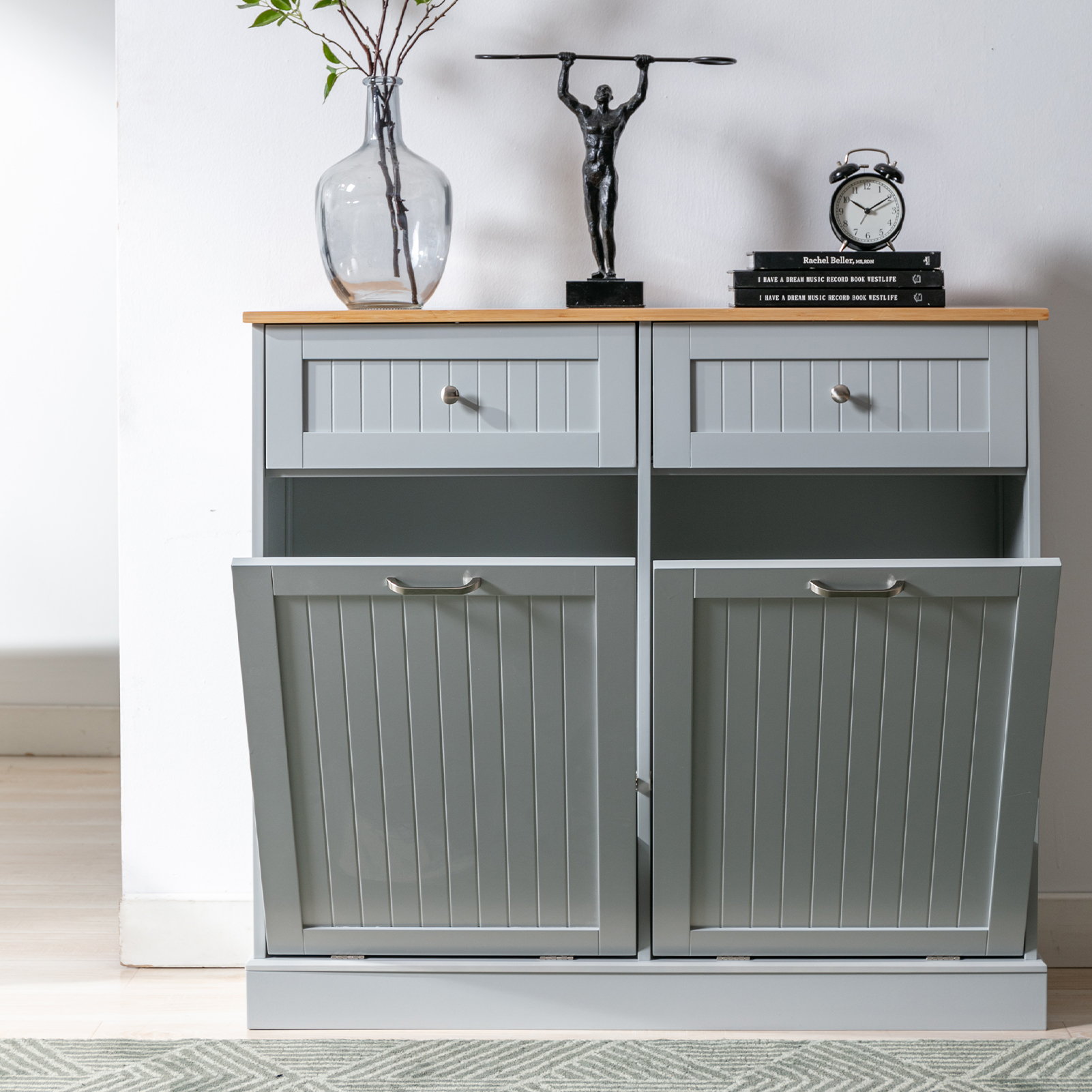 Kitchen Double Trash Cabinet Tilt Out Free Standing Storage Can, Wood Garbage Recycling Station Hideaway Trash Holder Drawers