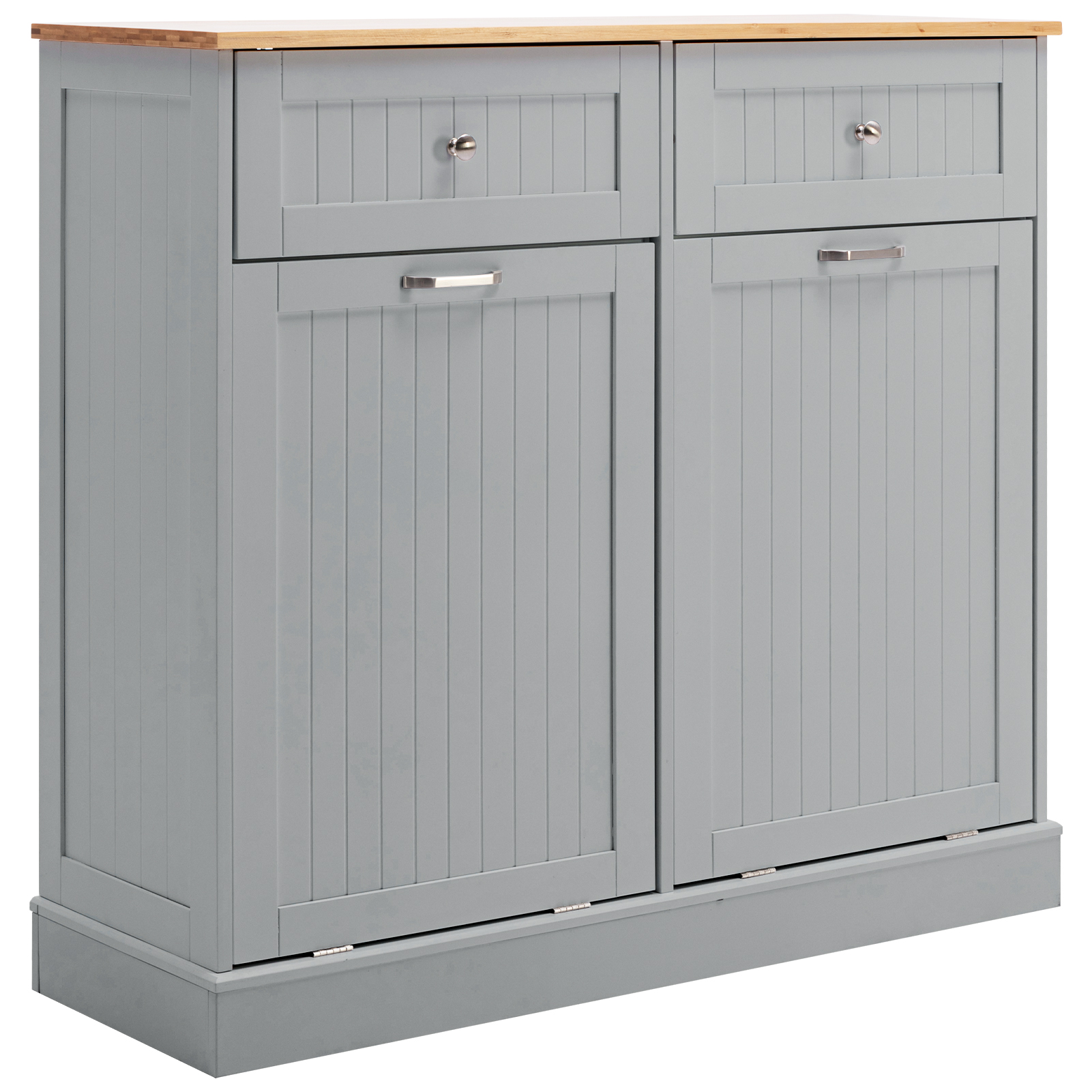Kitchen Double Trash Cabinet Tilt Out Free Standing Storage Can, Wood Garbage Recycling Station Hideaway Trash Holder Drawers