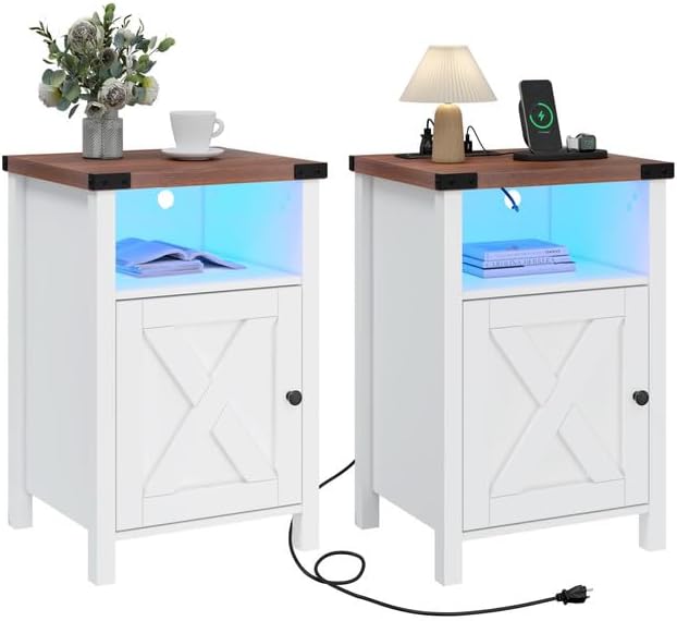 ChVans Farmhouse LED Nightstand Set of 2 with Charging Station, Rustic End Table with Barn Door & Storage Shelf, Bedside Table for Bedroom, Living Room, Grey