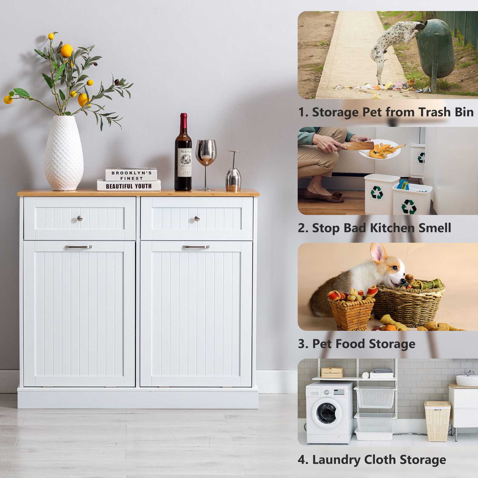 Kitchen Double Trash Cabinet Tilt Out Free Standing Storage Can, Wood Garbage Recycling Station Hideaway Trash Holder Drawers