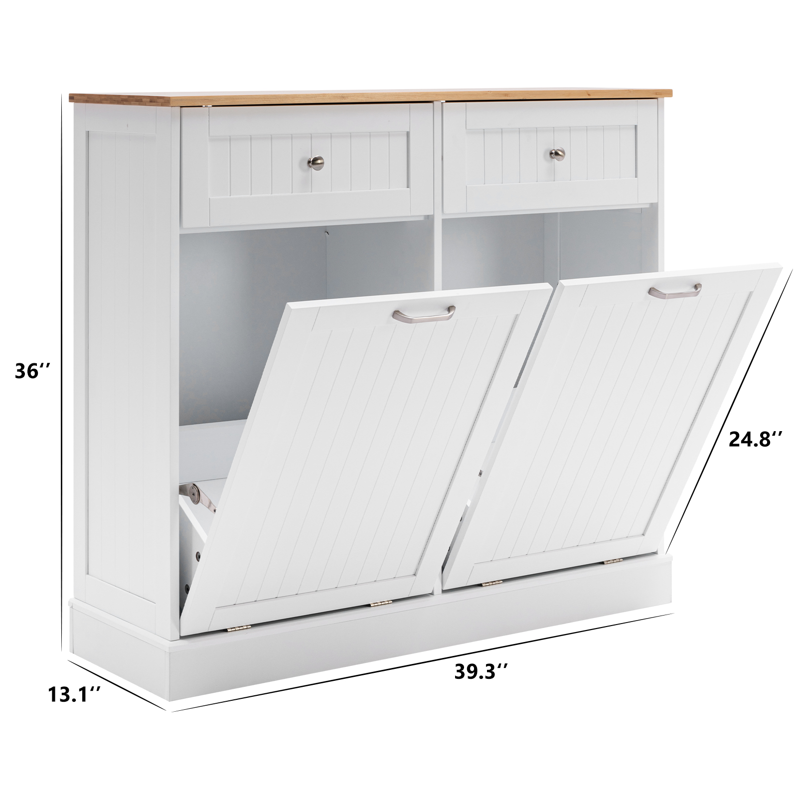 Kitchen Double Trash Cabinet Tilt Out Free Standing Storage Can, Wood Garbage Recycling Station Hideaway Trash Holder Drawers