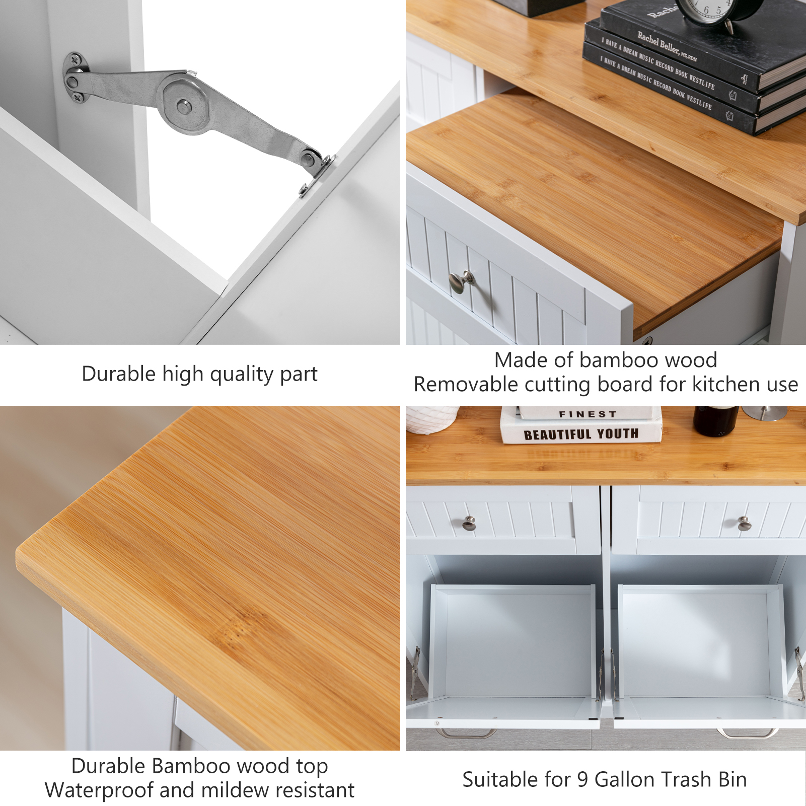 Kitchen Double Trash Cabinet Tilt Out Free Standing Storage Can, Wood Garbage Recycling Station Hideaway Trash Holder Drawers