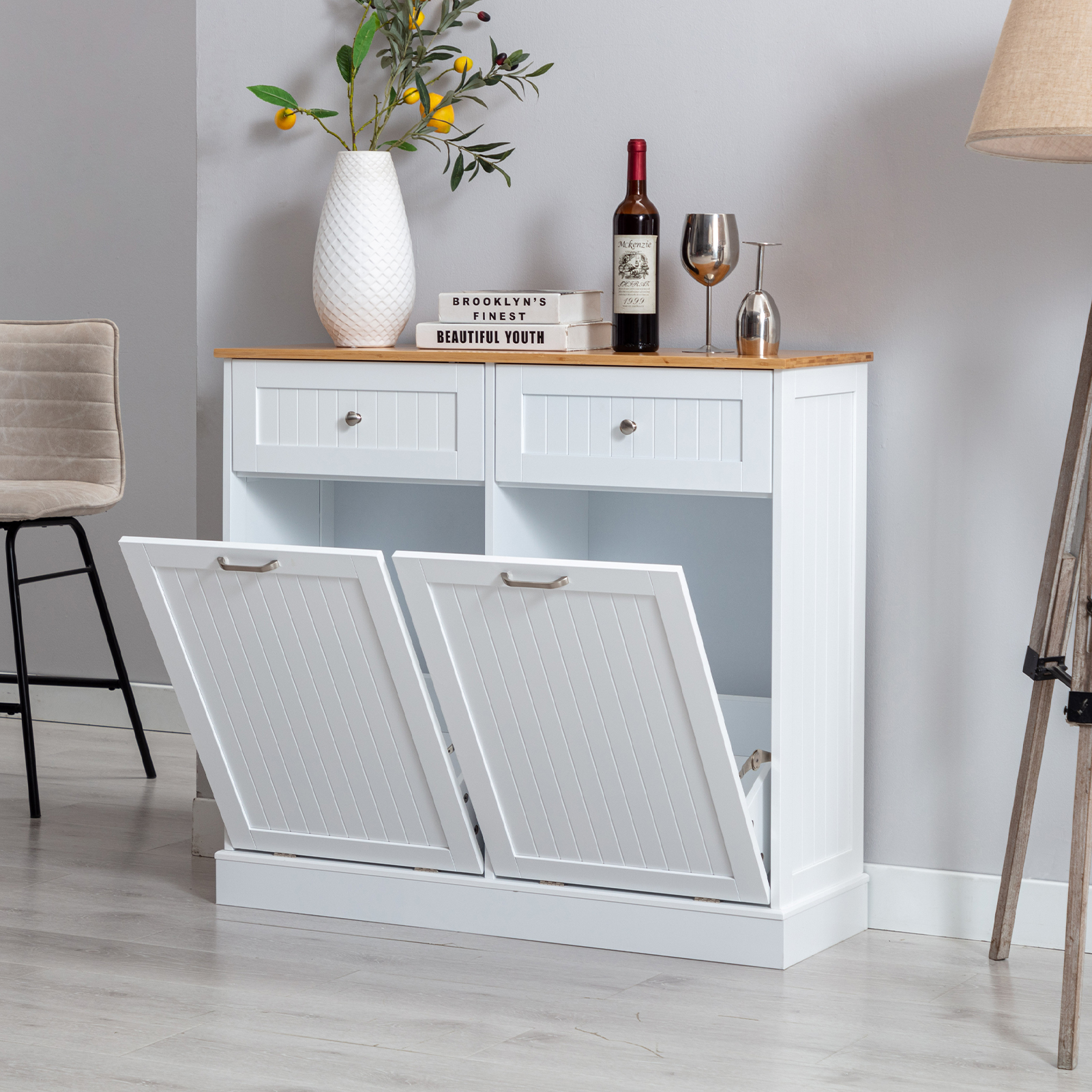 Kitchen Double Trash Cabinet Tilt Out Free Standing Storage Can, Wood Garbage Recycling Station Hideaway Trash Holder Drawers