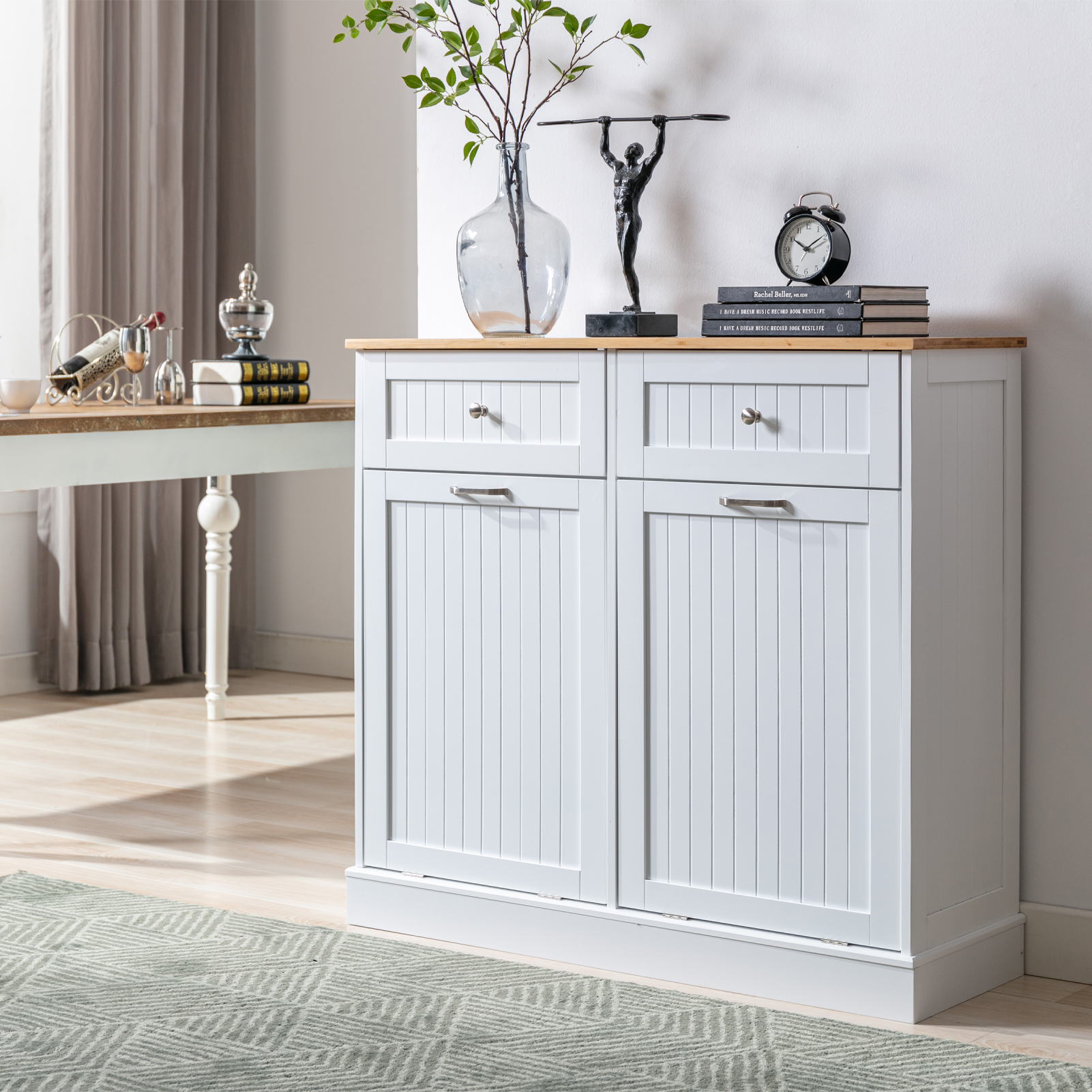 Kitchen Double Trash Cabinet Tilt Out Free Standing Storage Can, Wood Garbage Recycling Station Hideaway Trash Holder Drawers