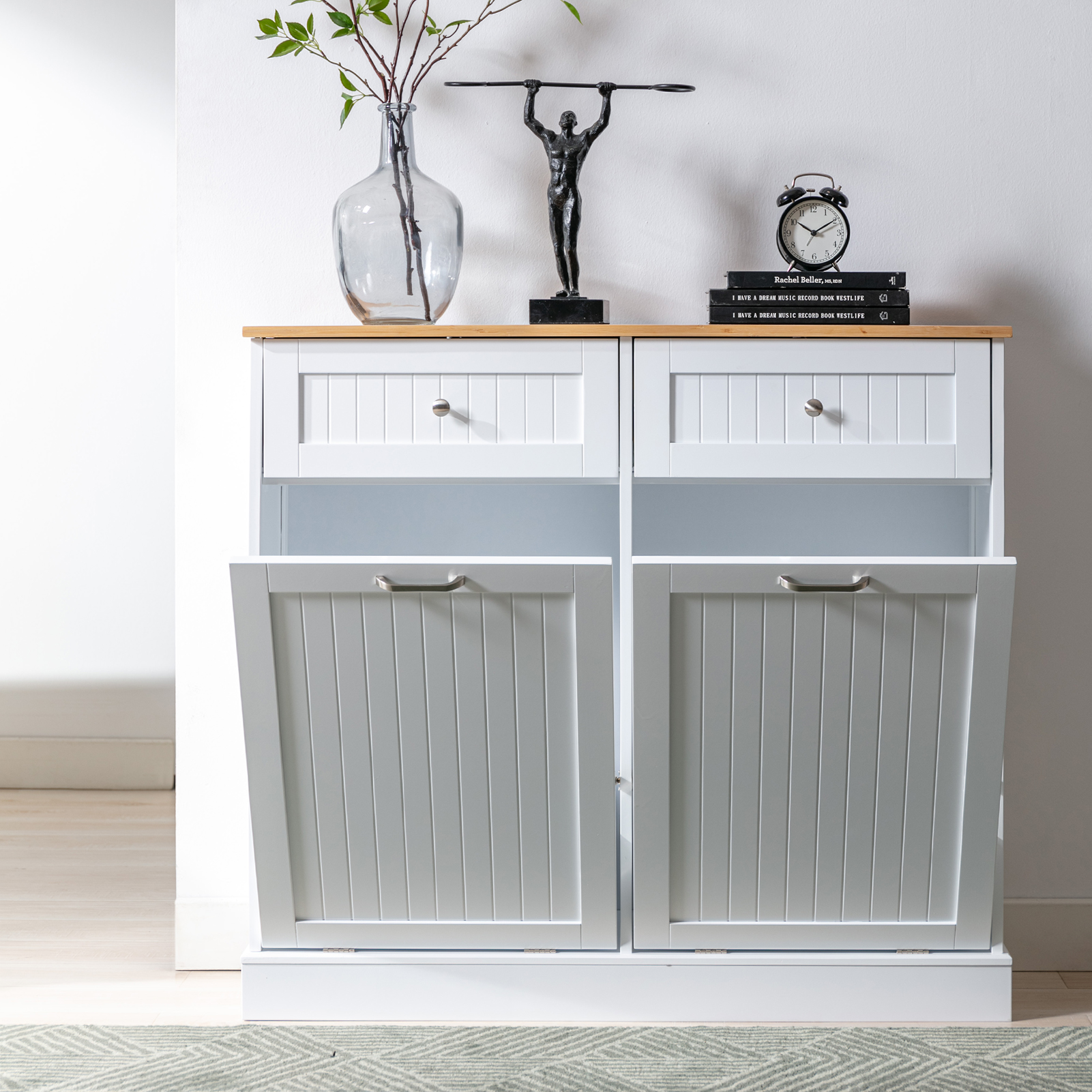 Kitchen Double Trash Cabinet Tilt Out Free Standing Storage Can, Wood Garbage Recycling Station Hideaway Trash Holder Drawers